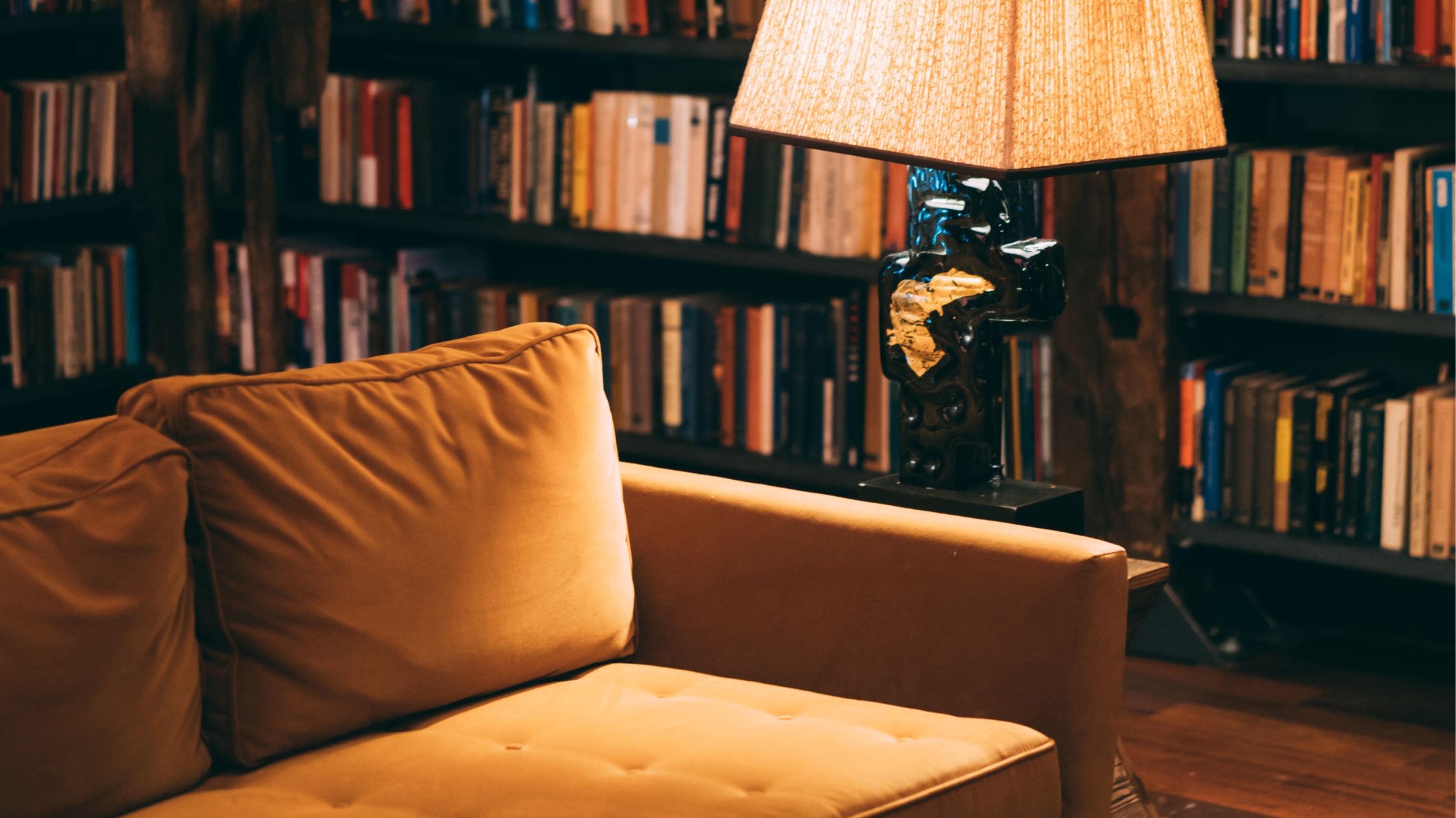 gentle lamp beside an empty couch in a corner surrounded by bookshelves