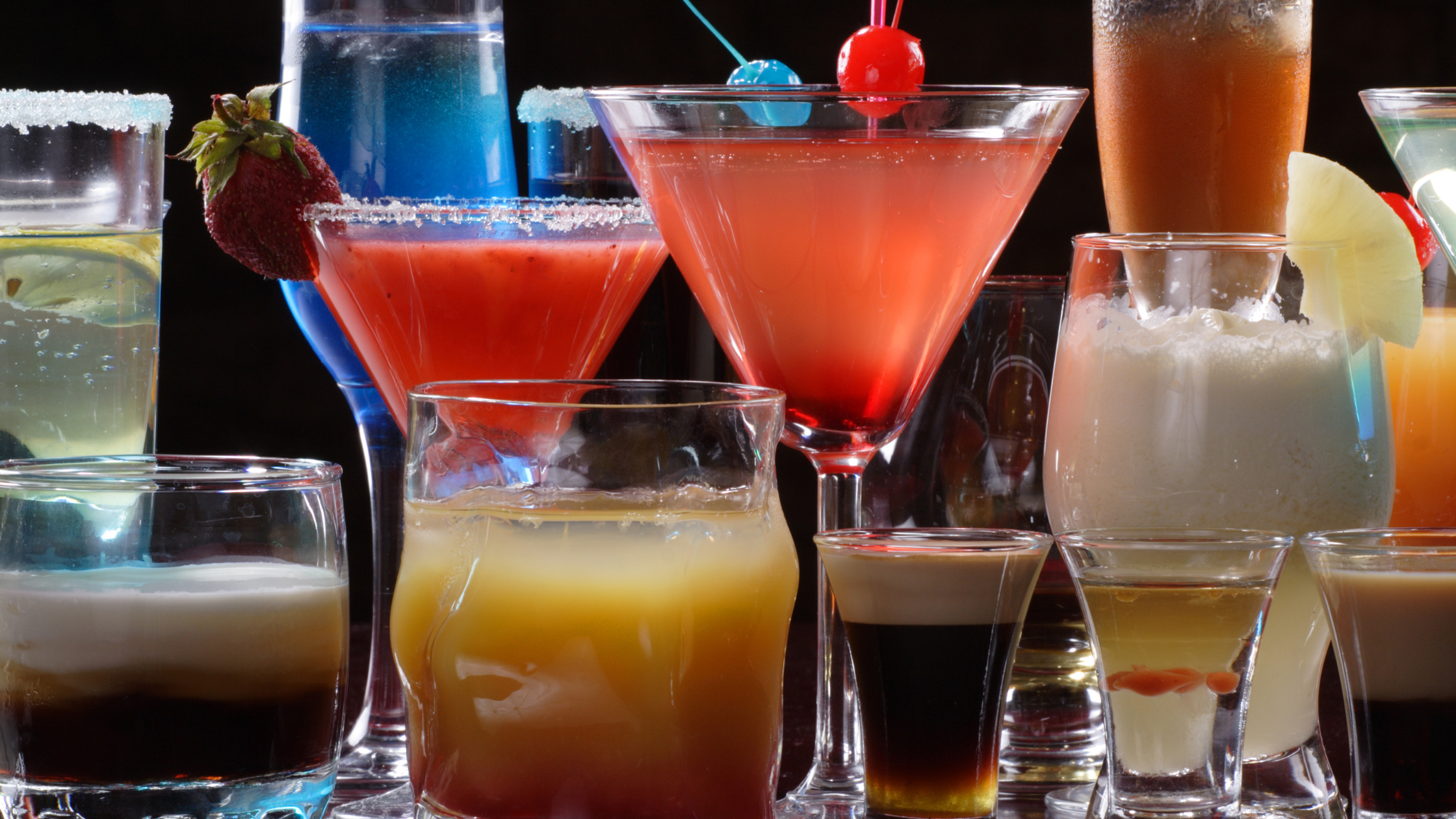 variety of mixed drinks and cocktails