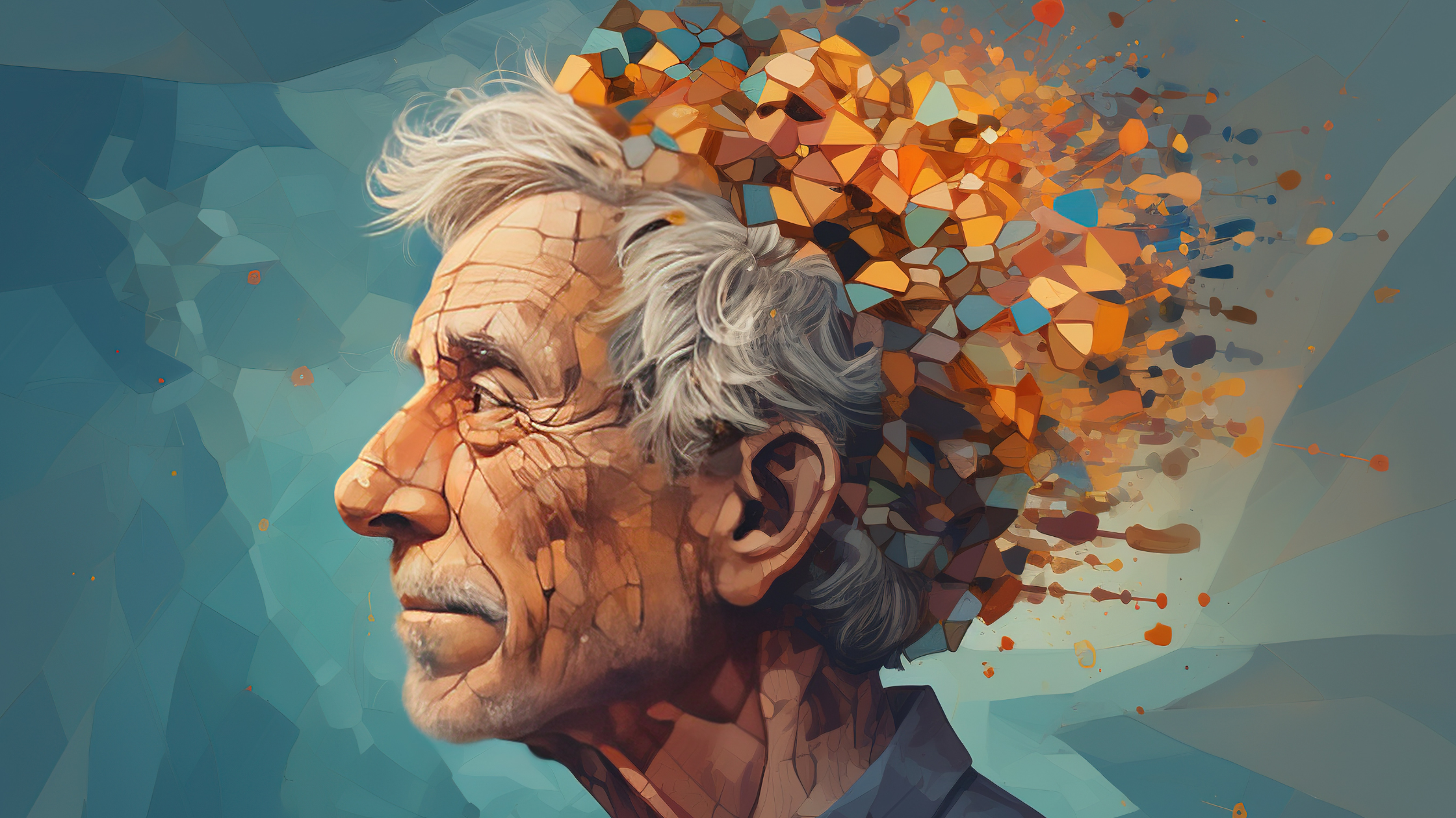 illustration of a senior whose head is shattering into a mosaic