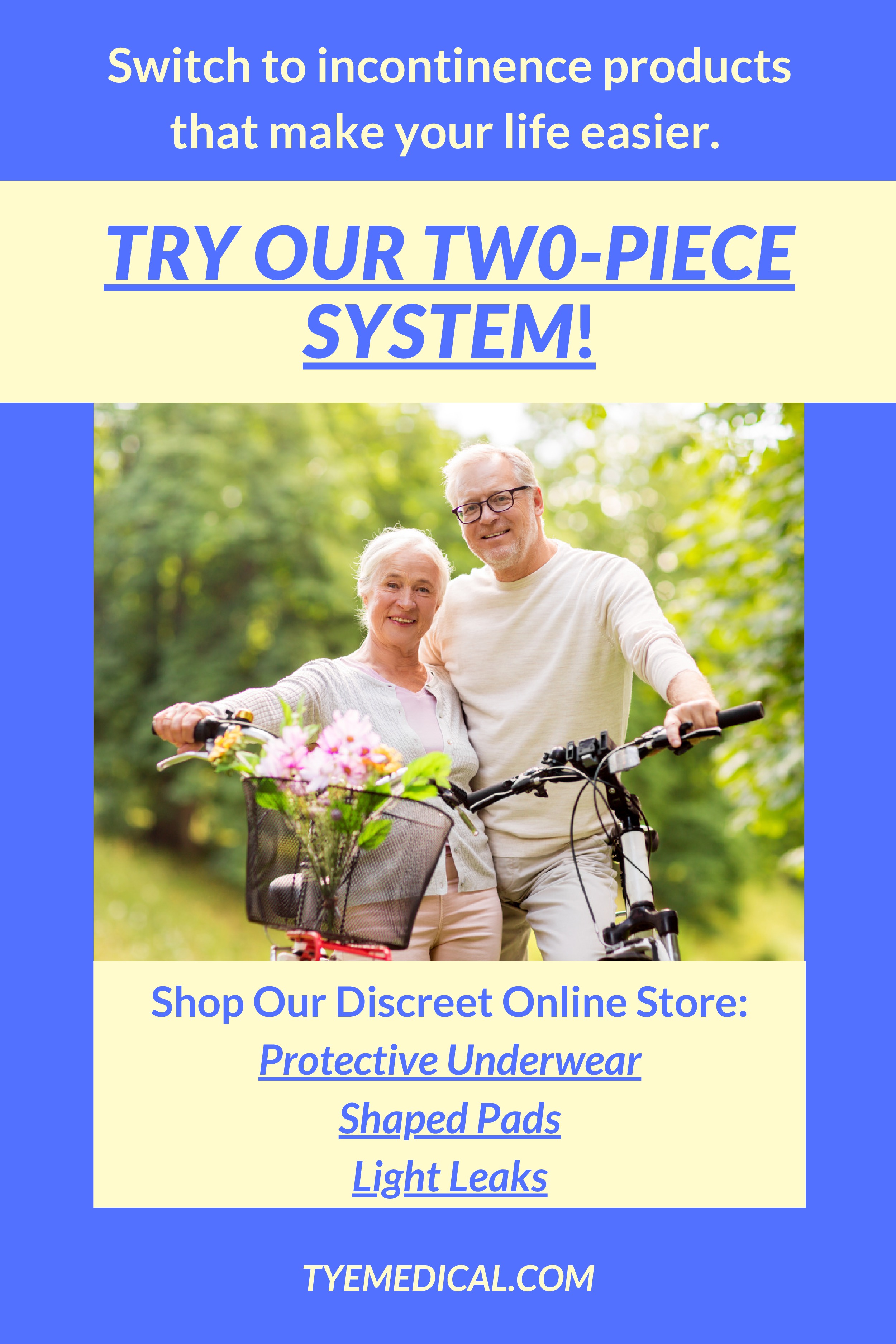 Smiling older couple on bikes, flowers in the front basket