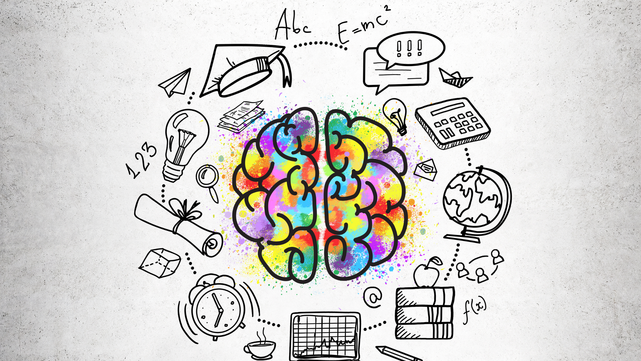 Illustration of colorful brain surrounded by books, globes, machines, lightbulbs, and other thoughts