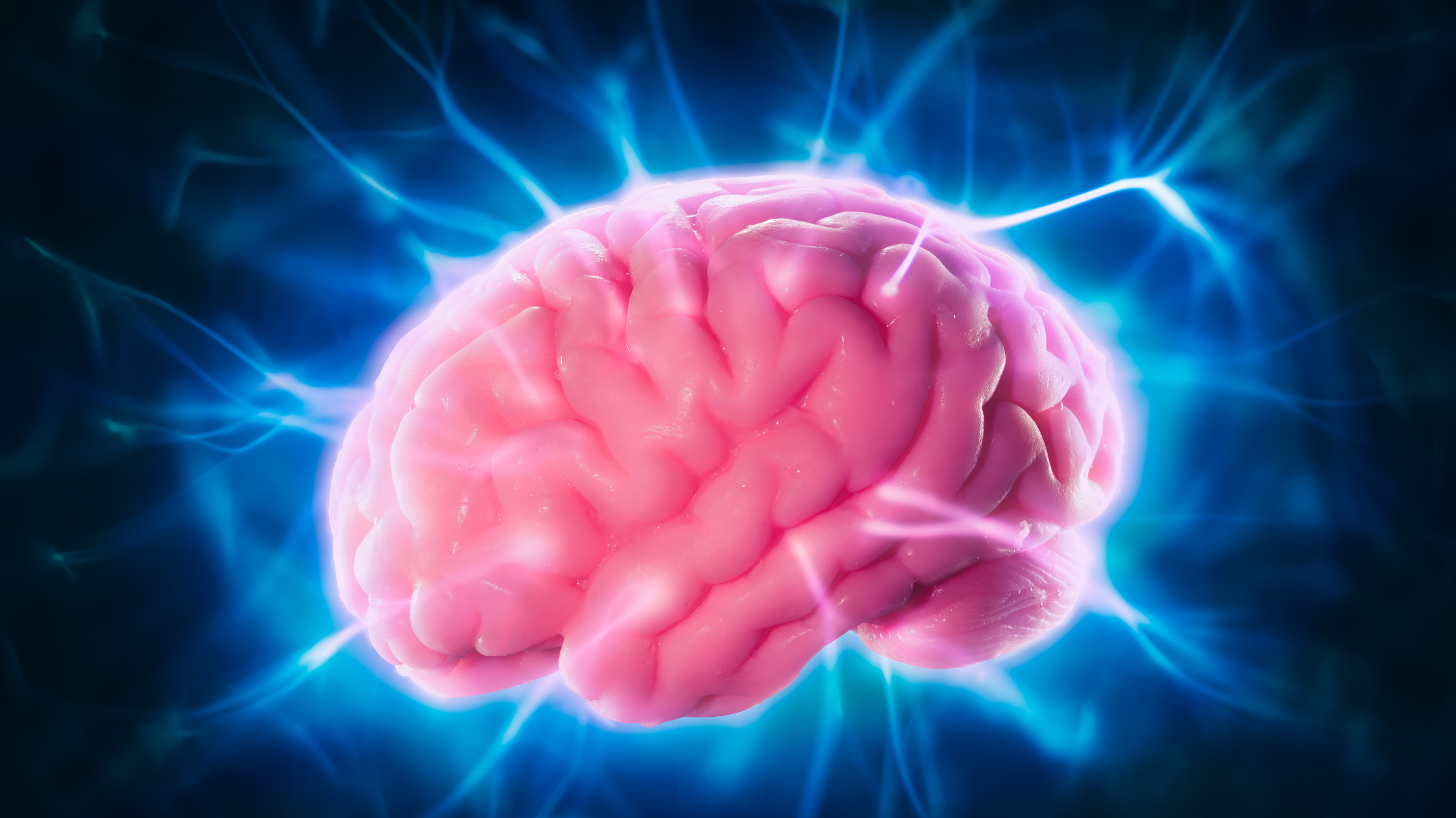 glowing human brain on a dark blue background