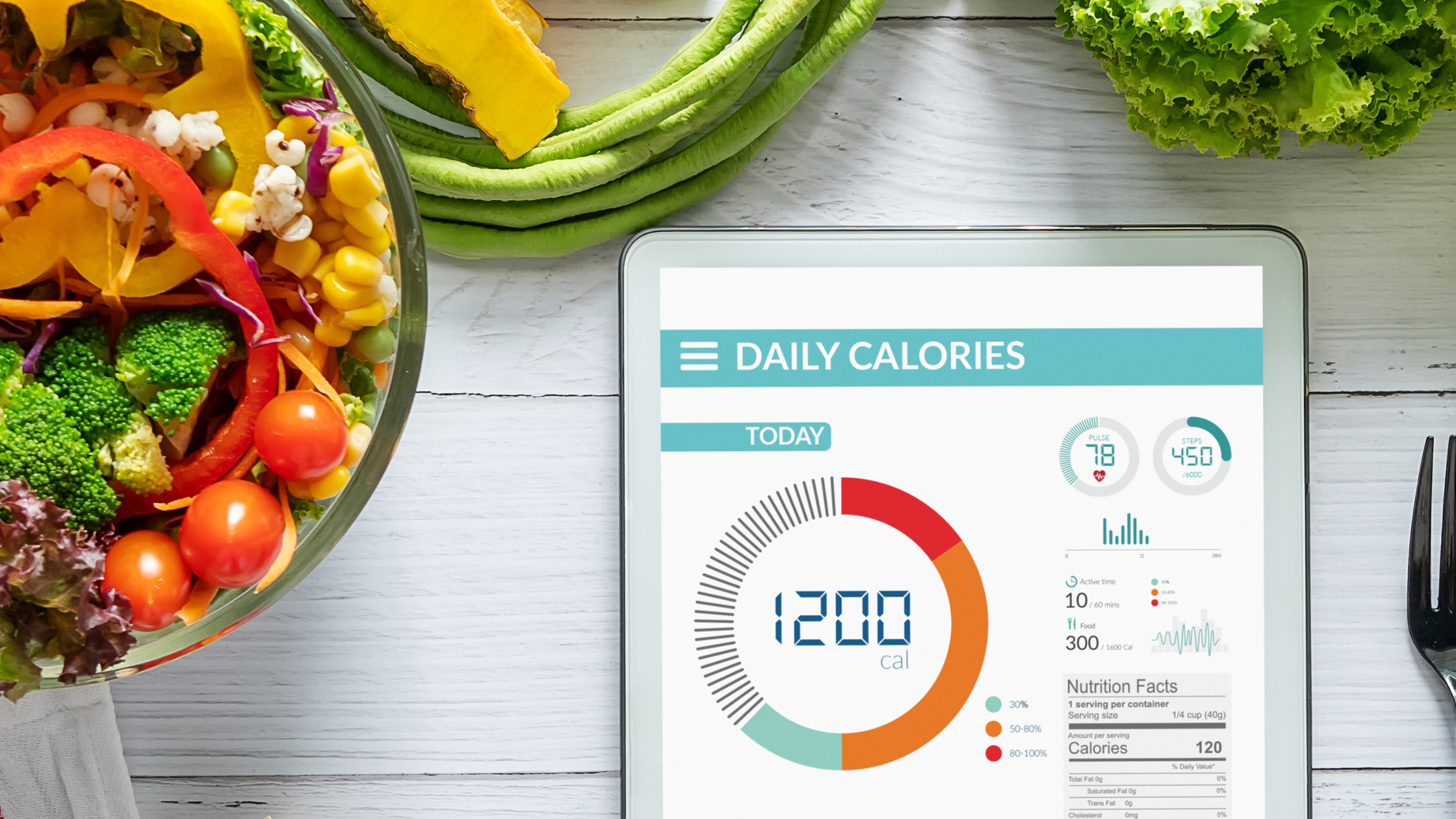 tablet screen showing a calorie tracker surrounded by vegetables