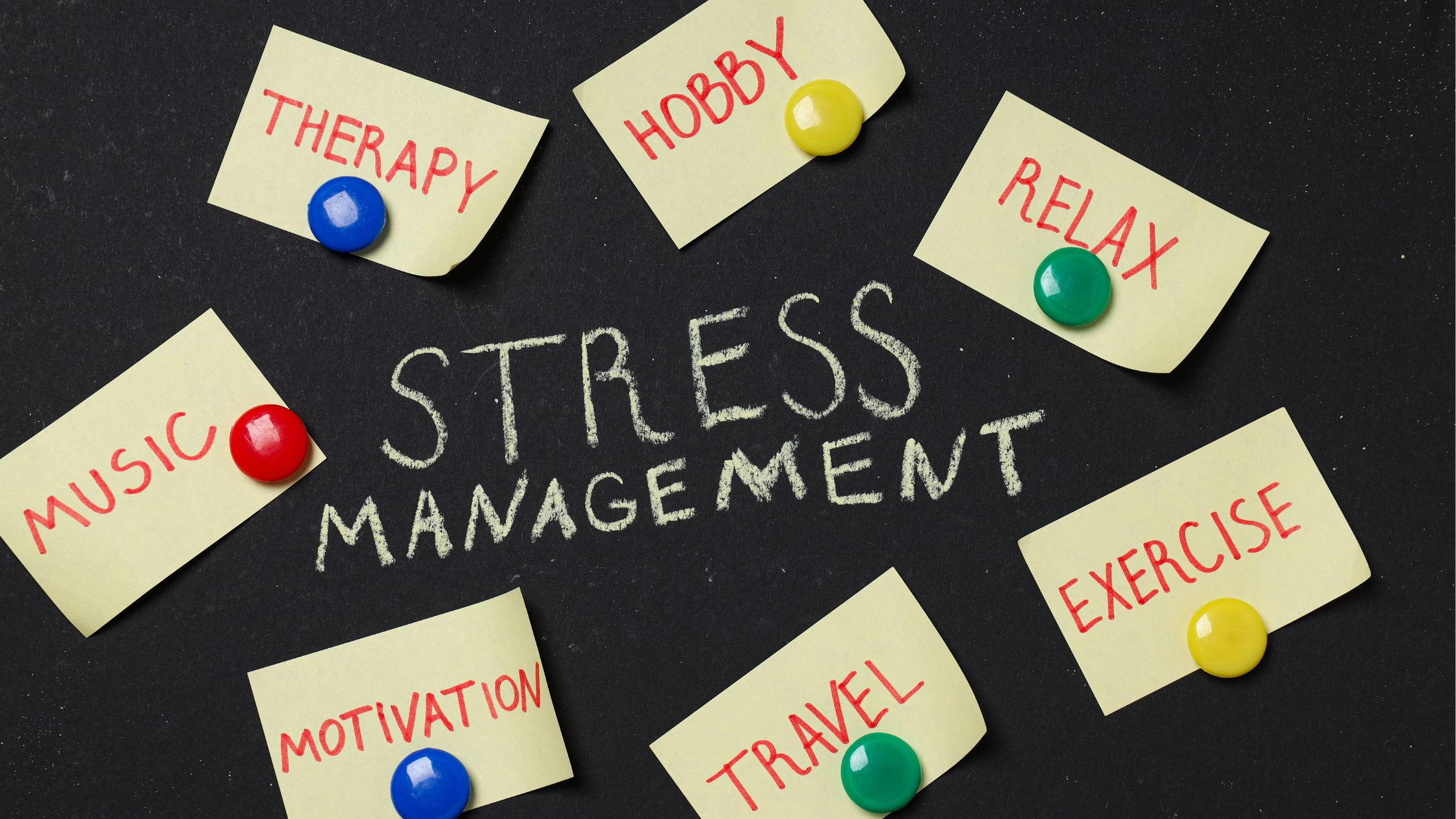 blackboard reading "stress management" surrounded by notes that say "hobby," "relax," music," "exercise," "therapy,"