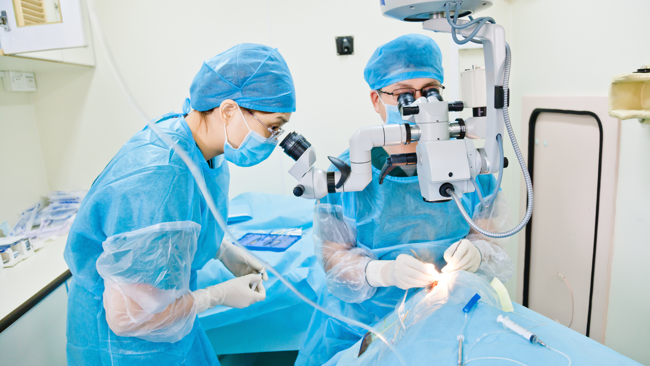 two eye doctors prep a surgery table 