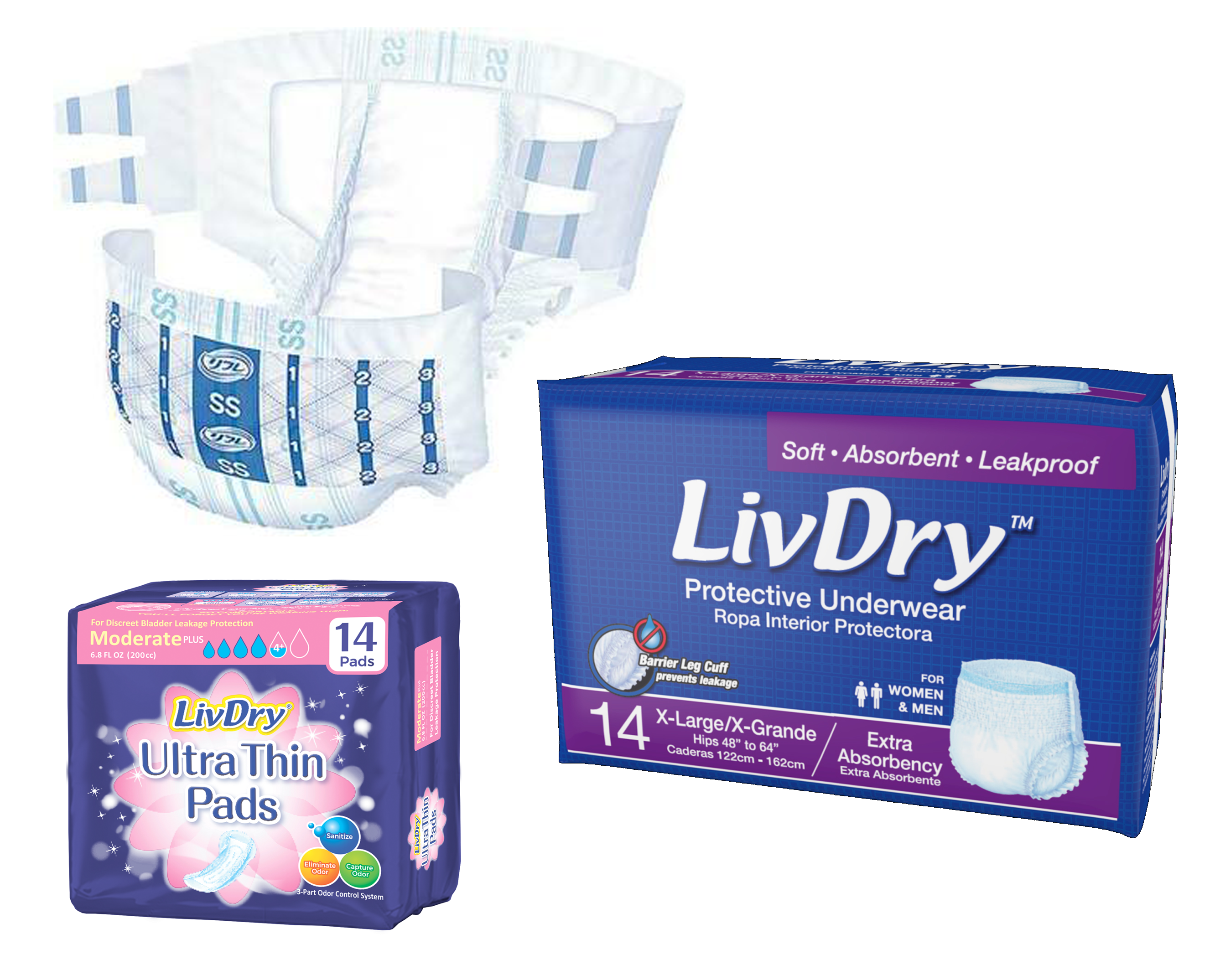 three LivDry incontinence products, a brief, pads, and underwear