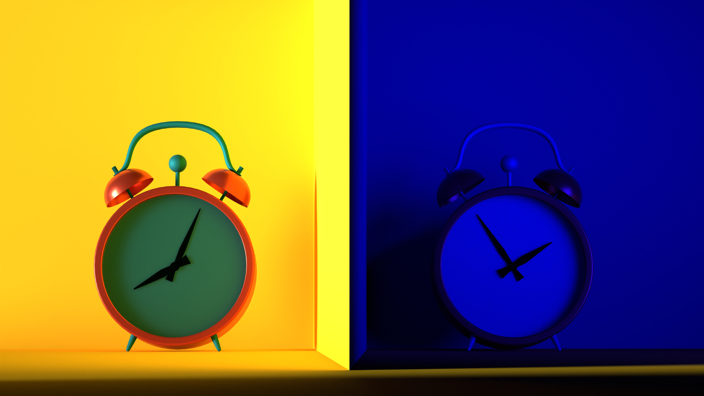 split image with yellow background on the left side, dark blue background on the right, each with an old-fashioned alarm clock