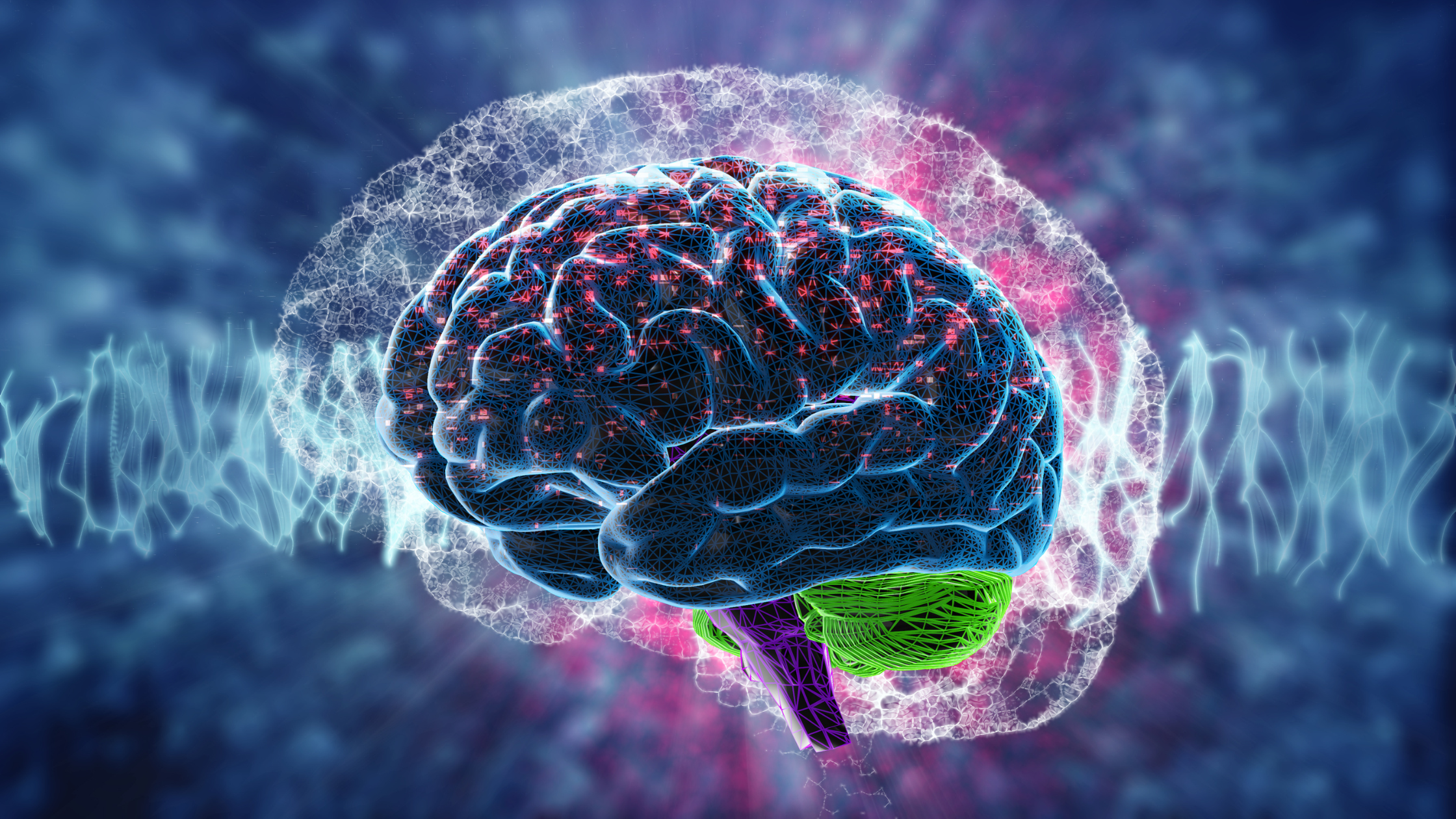 human brain rendered in deep blue with pink, green and purple glowing "neurons," etc