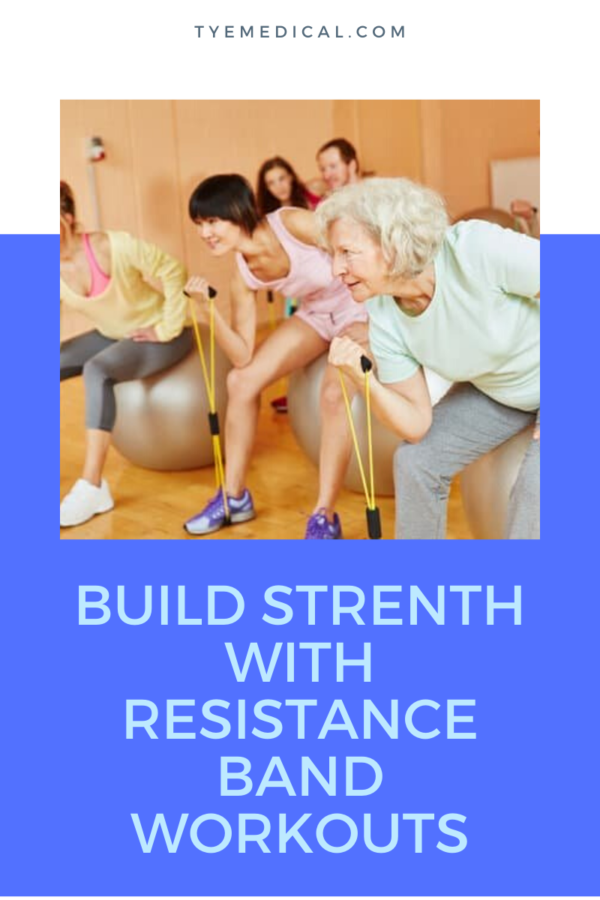 A younger woman and a senior woman doing exercise with resistance bands