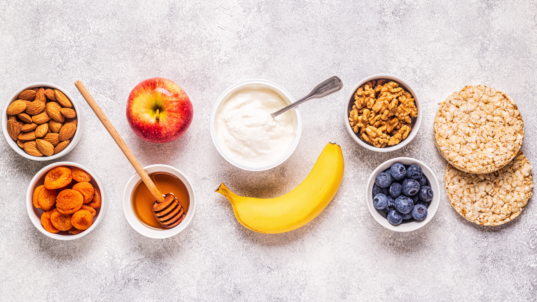 fruits, nuts, and yogurt in small portions