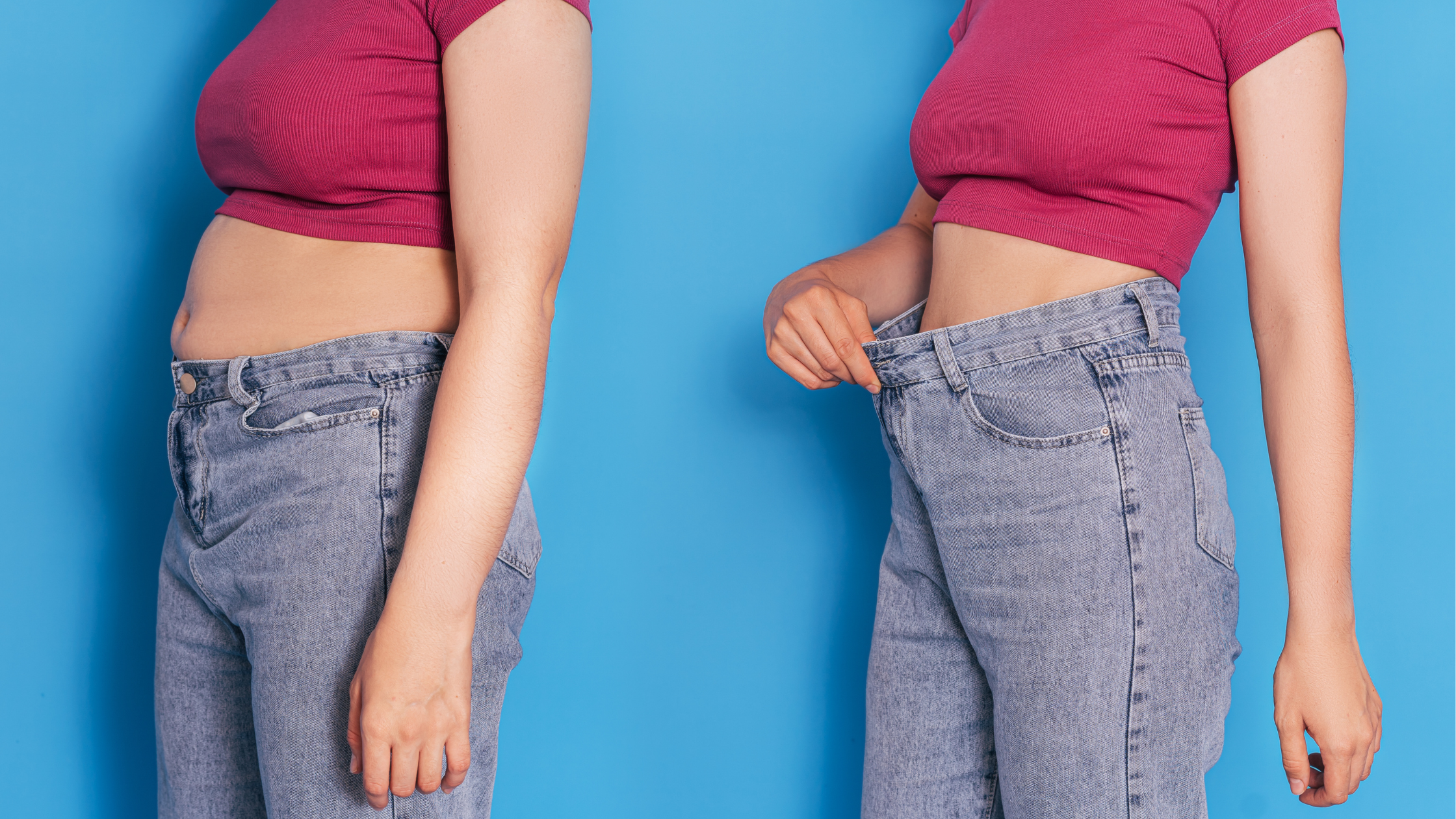 "before" and "after" photos of a woman who has lost weight, resulting in a loose waistband for her jeans