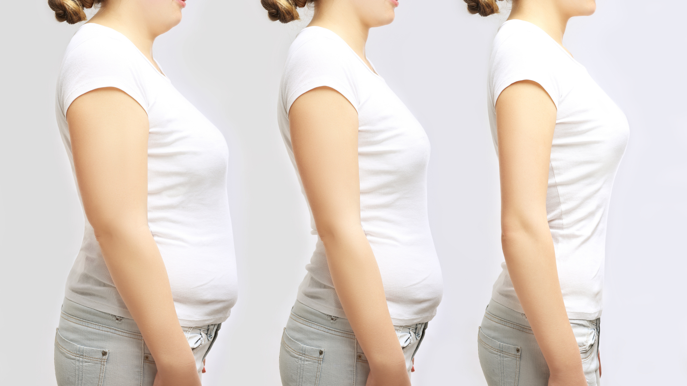 Three images of the same woman, each thinner than the last,  showing weight loss over time