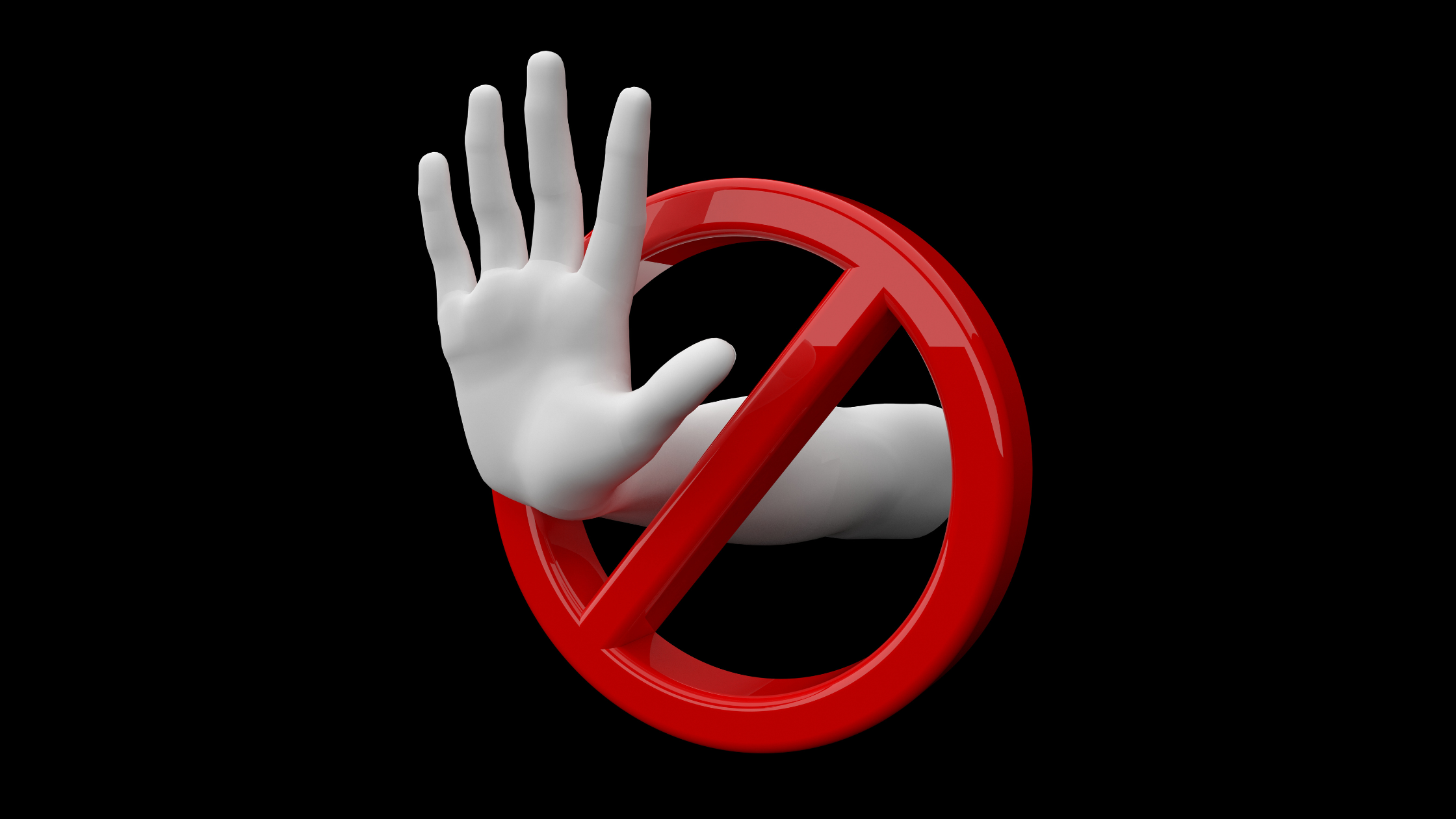 human hand held up in "stop" motion pokes out of a general prohibition sign