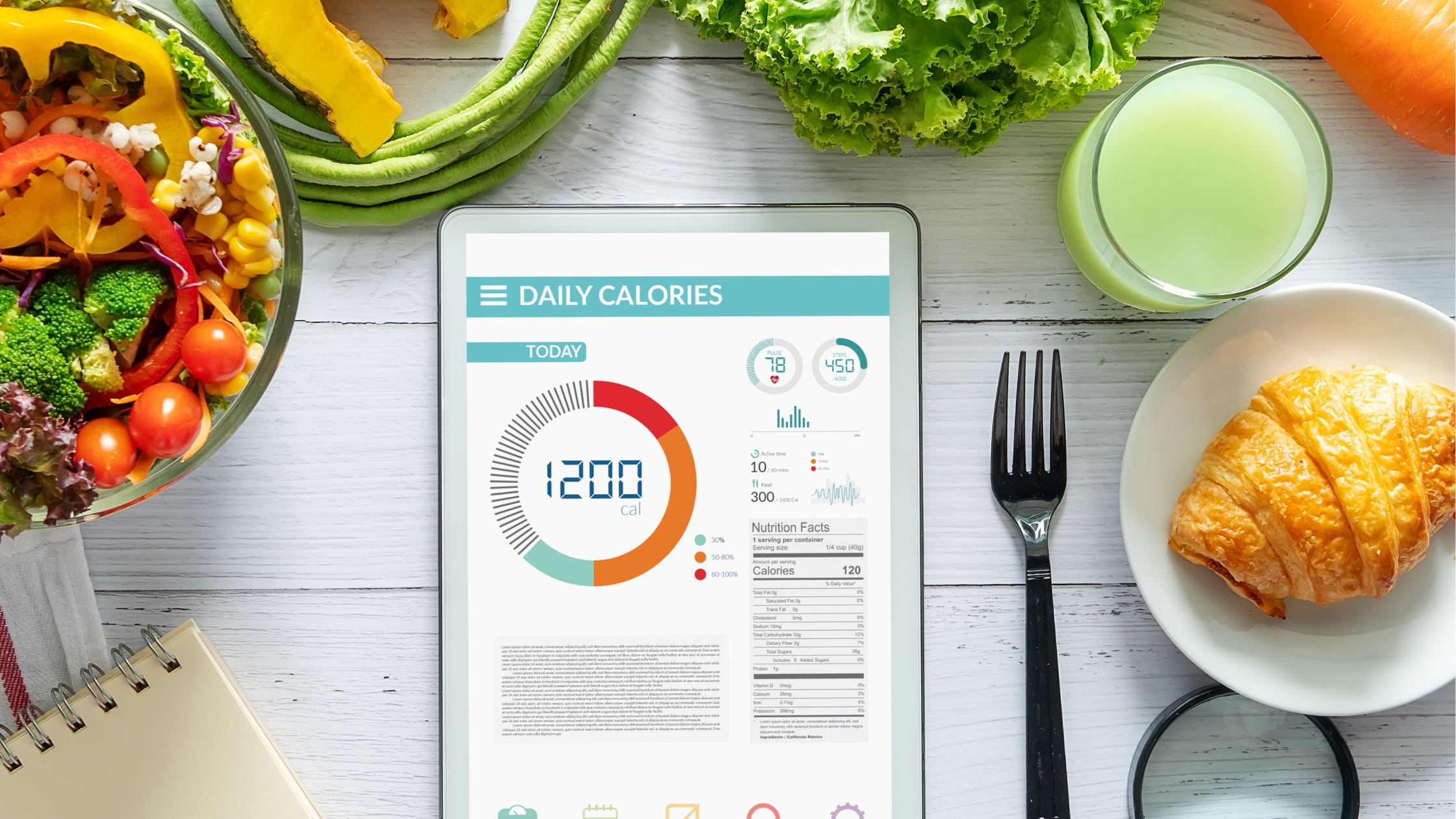 tablet open to a calorie calculating app, surrounded by various foods