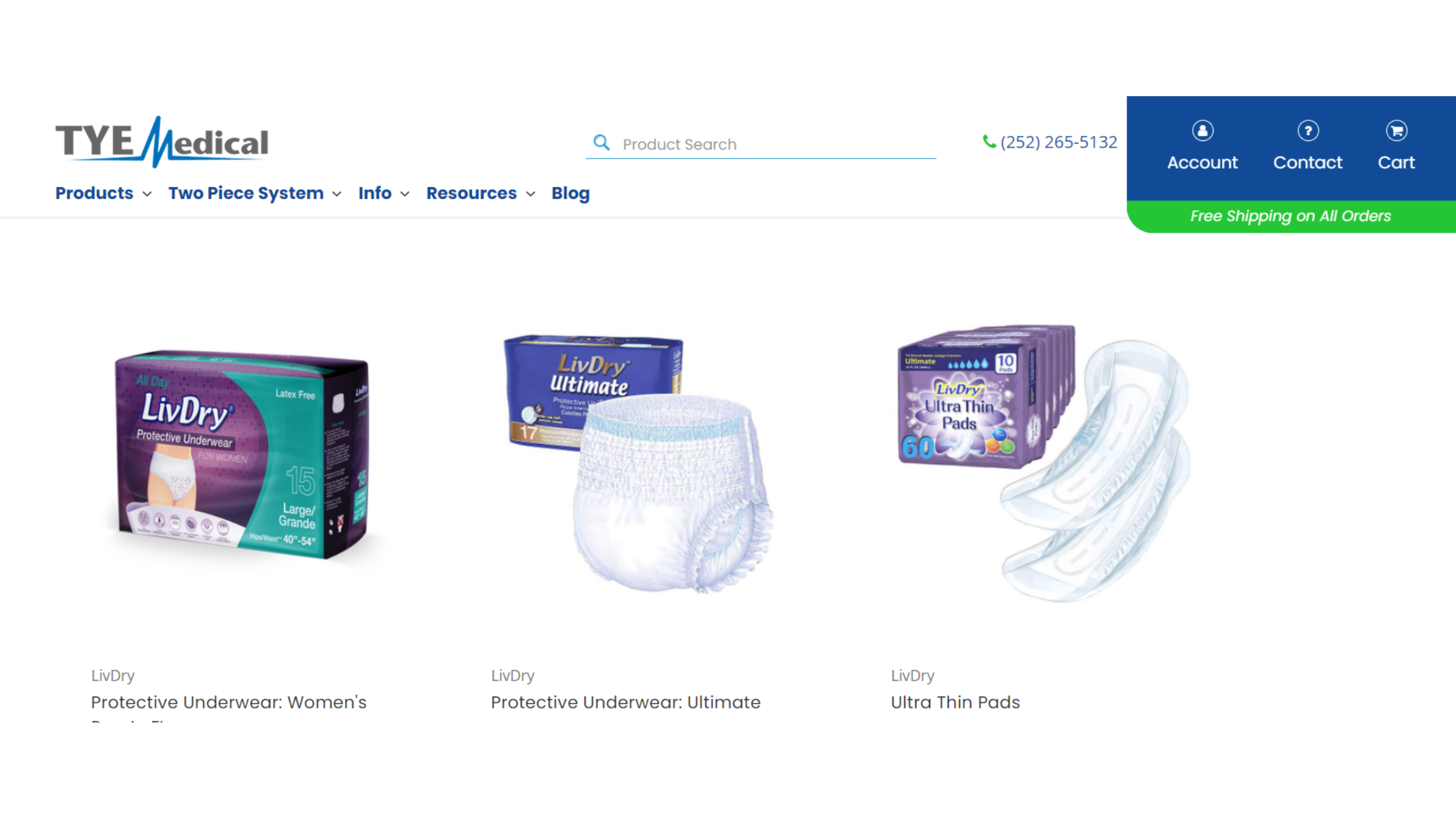 online storefront depicting incontinence products