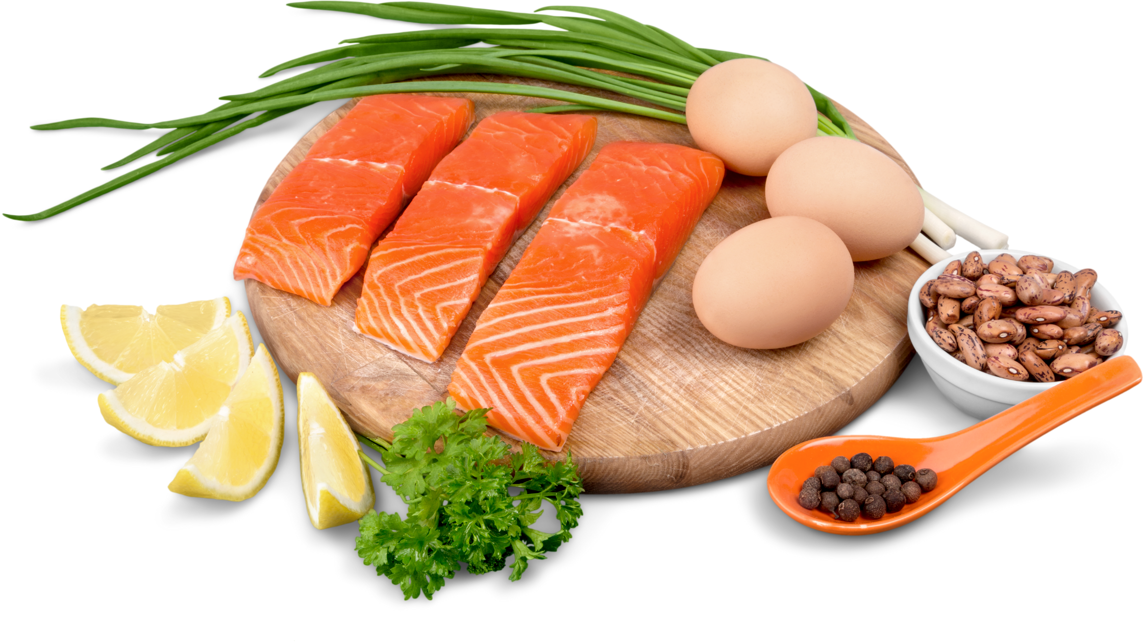 arrangements of salmon, eggs, and beans