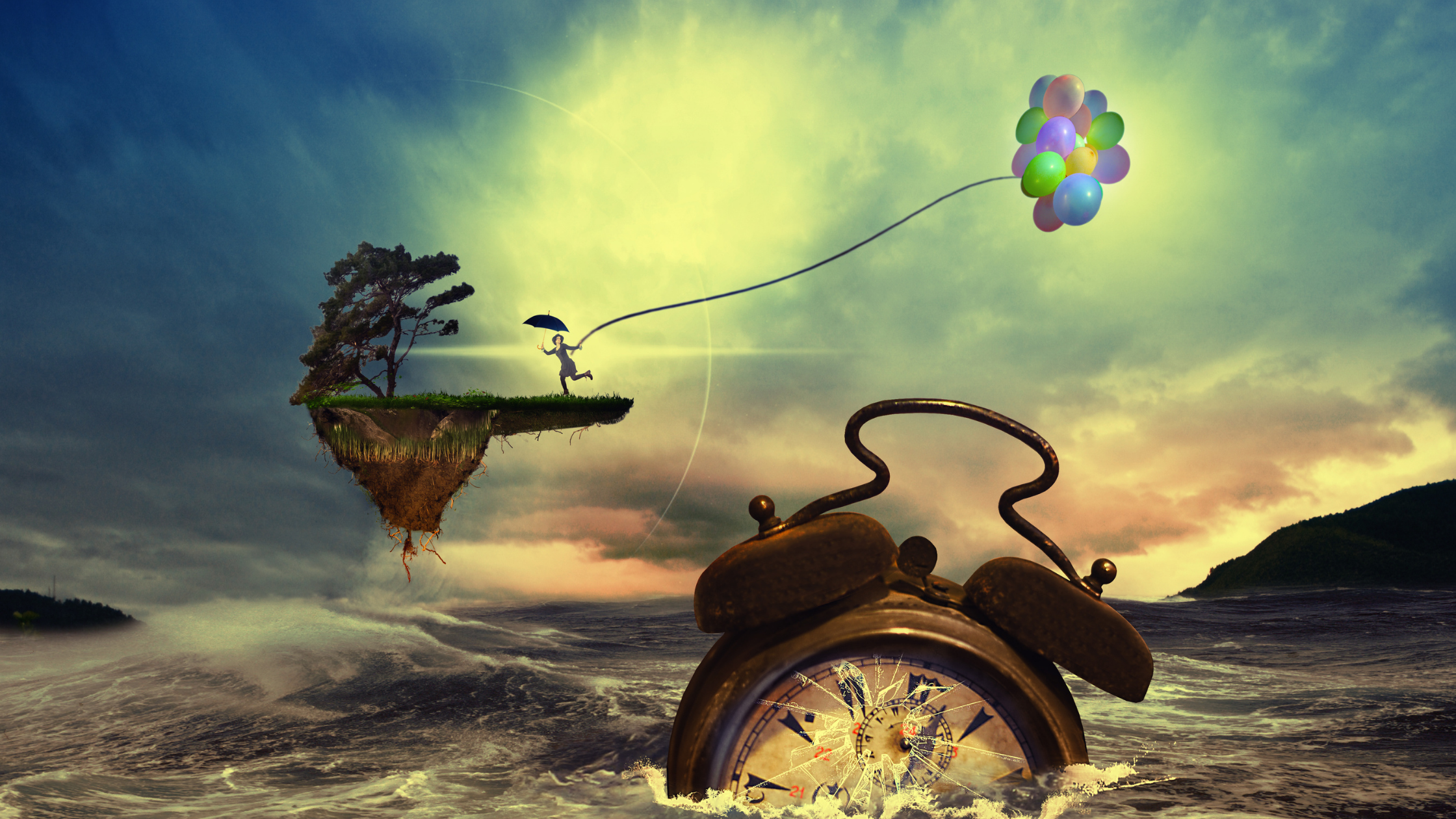 Whimsical illustration of a person on a small floating chunk of landed suspended in the air above the ocean, pulling colorful balloons behind them, an alarm clock in the foreground is half-submerged in the water