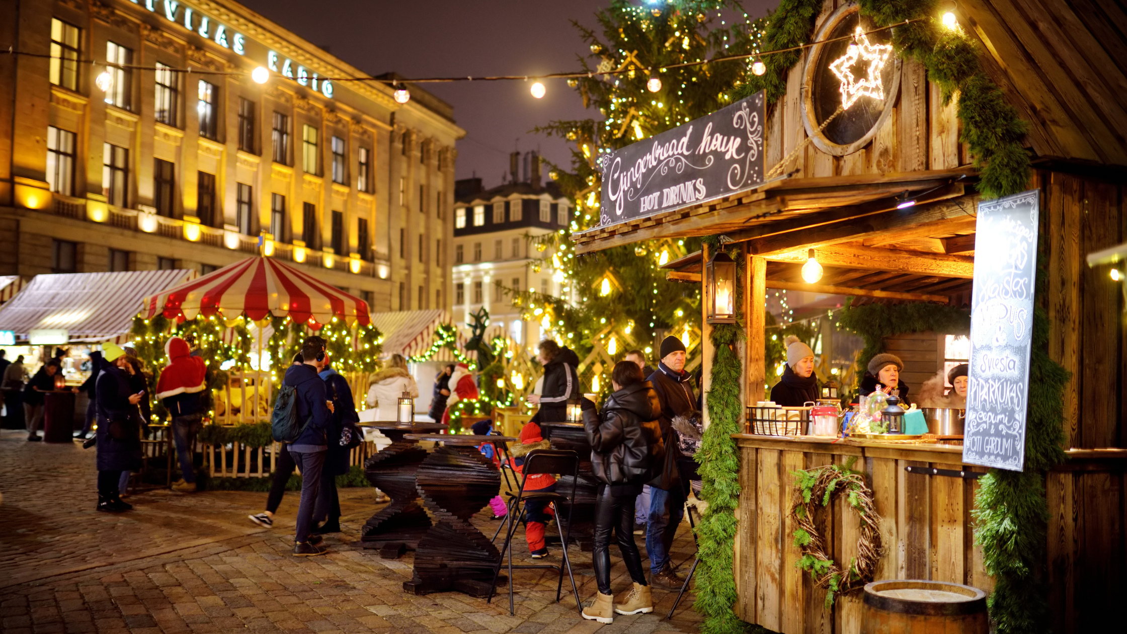 festively lit downtown holiday market