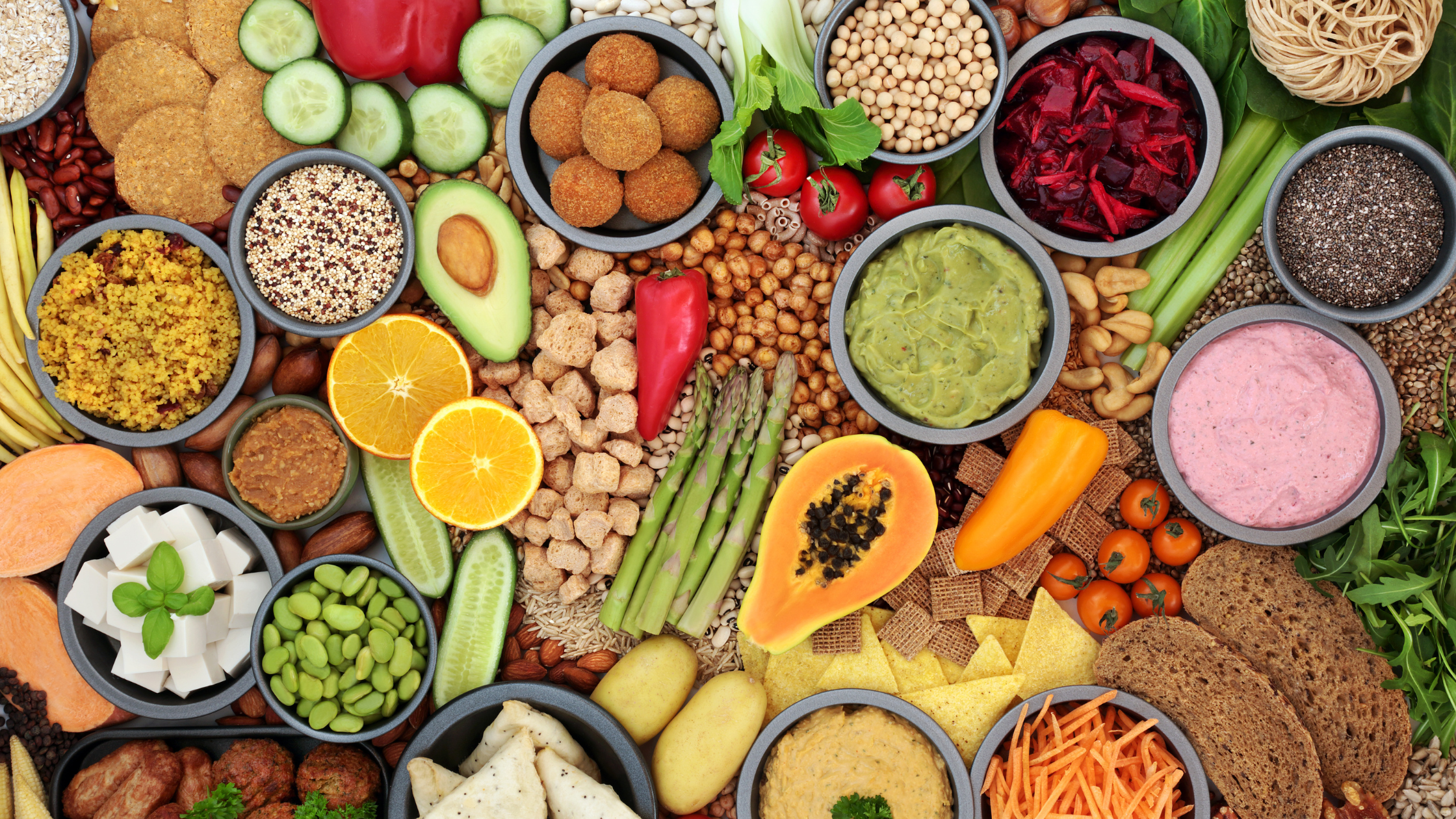 top-down shot of assorted fruits, vegetables, and grains