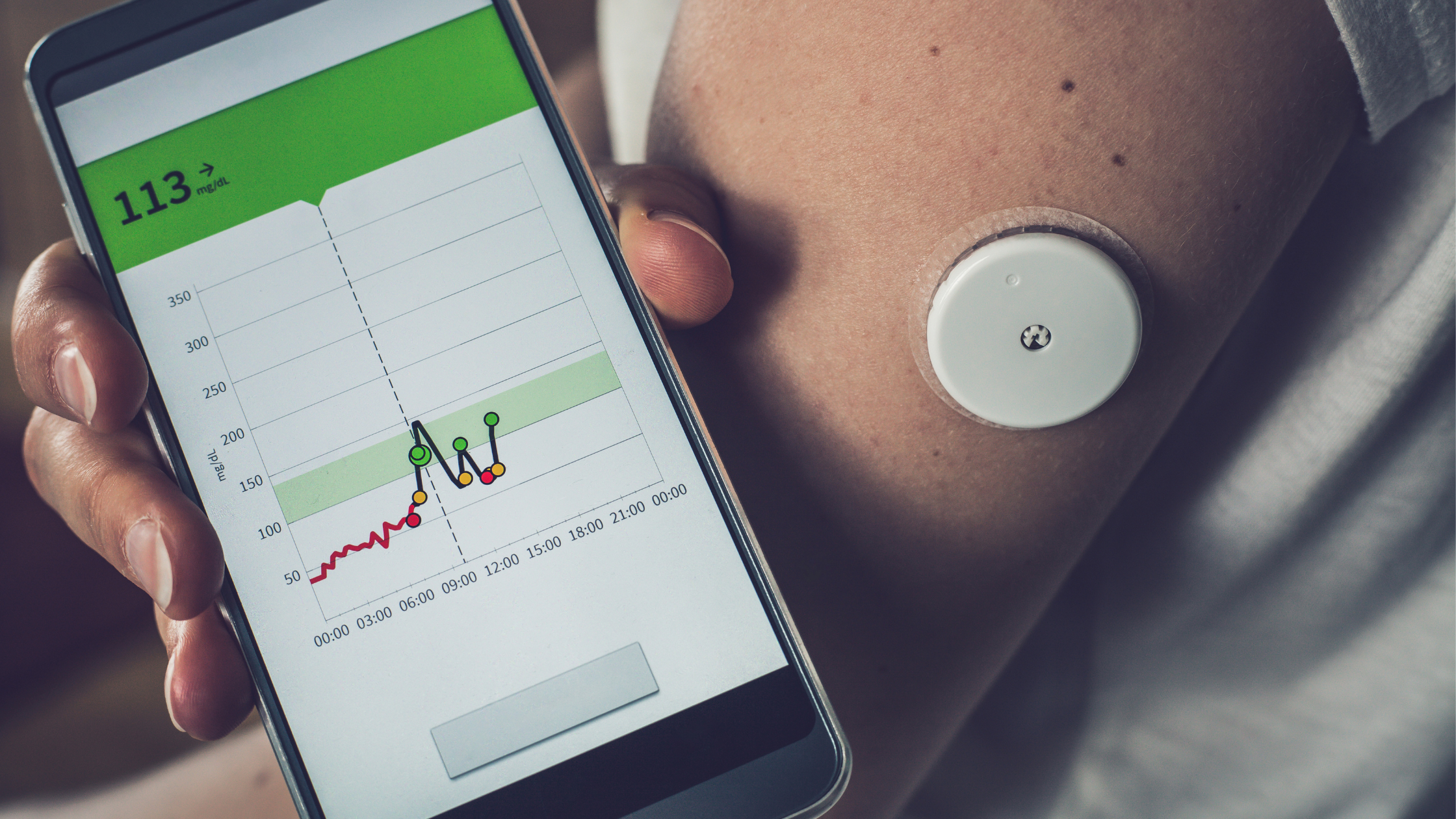 cell phone screen shows a glucose level tracker over time