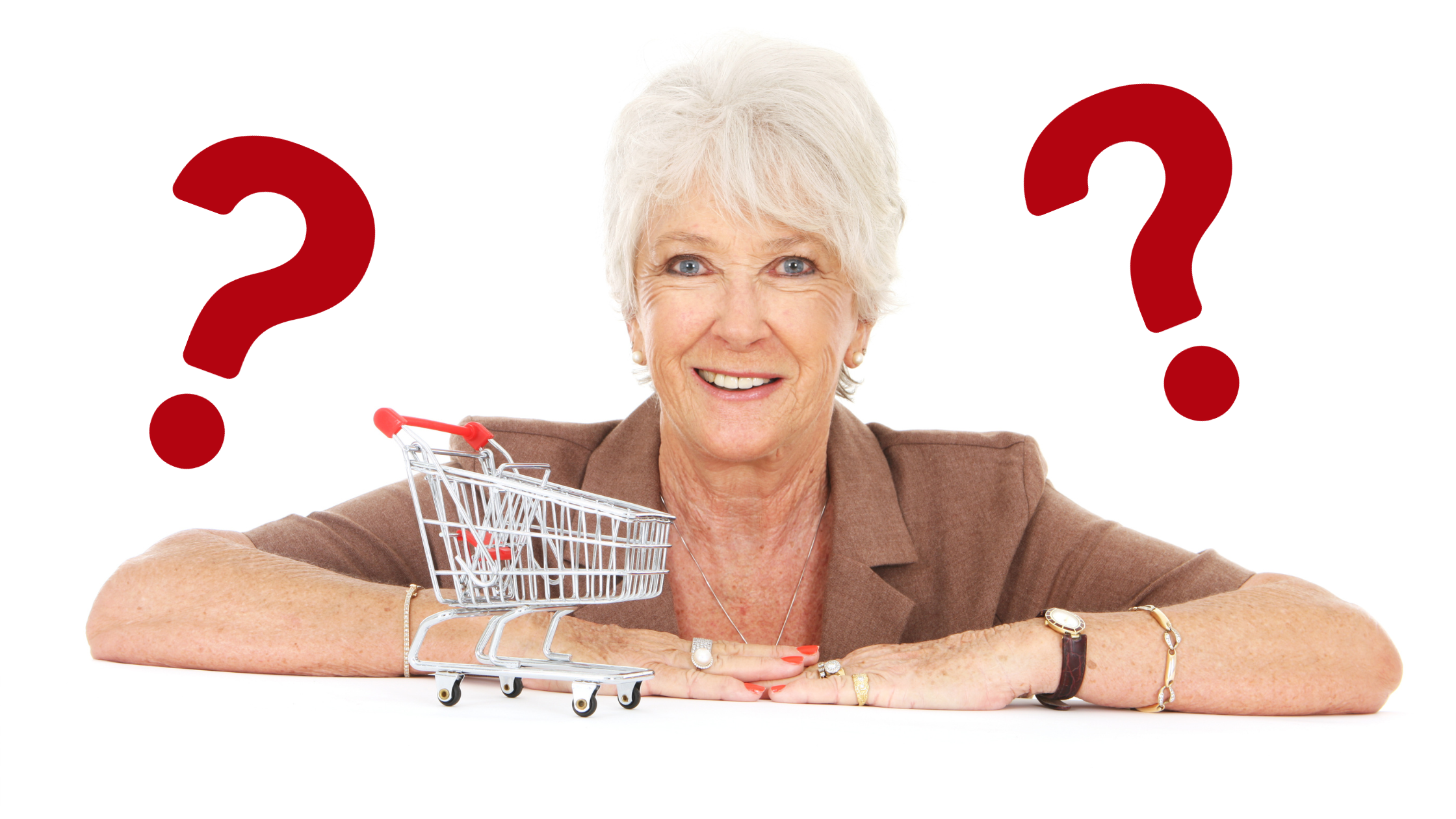 senior with a shopping cart surrounded by questions marks