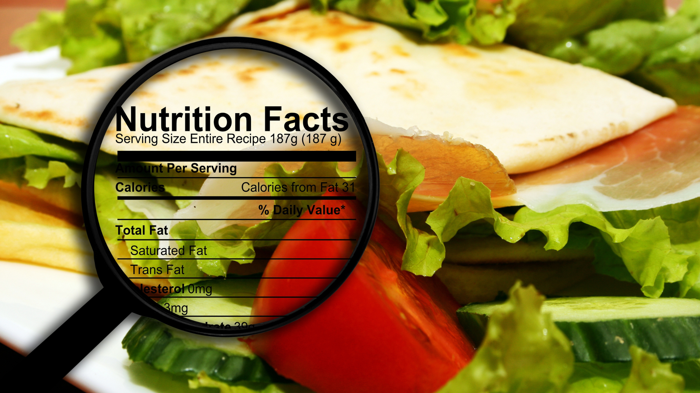 magnifying glass over the words "nutrition facts" surrounded by leafy greens
