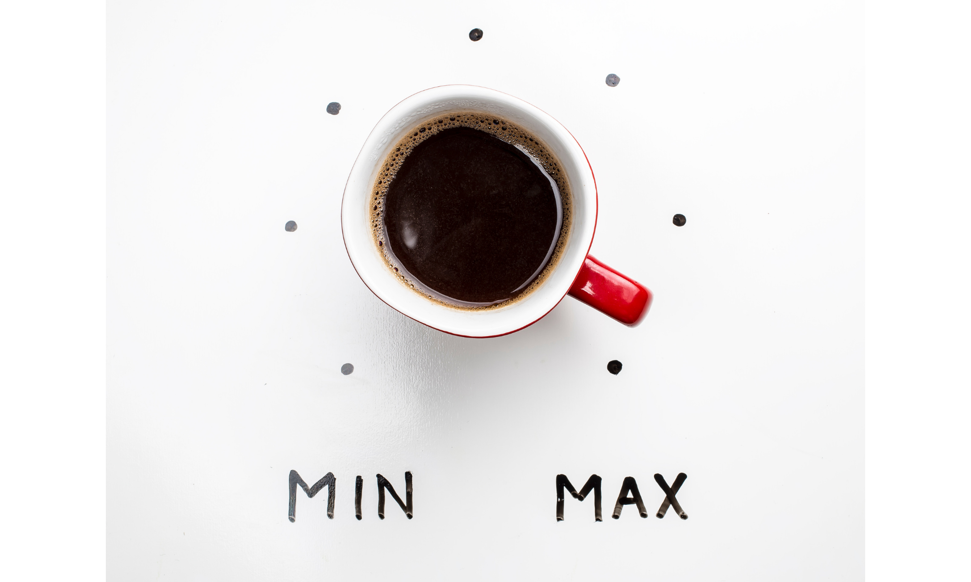 Cup of coffee with the word "Min" on the left, and "Max" on the right