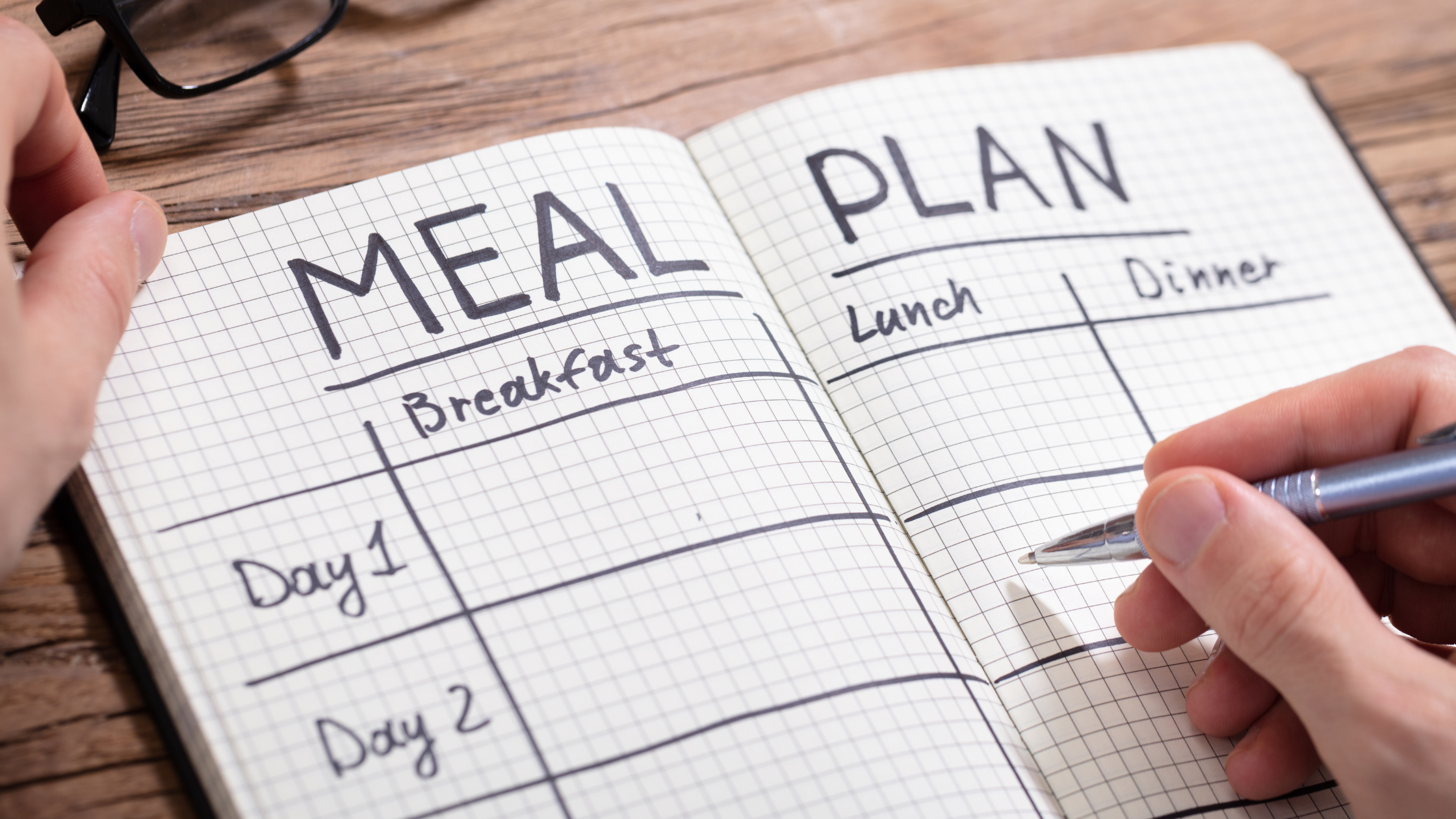 grid paper notebook open to a page that says "MEAL PLAN" with columns for breakfast, lunch, and dinner