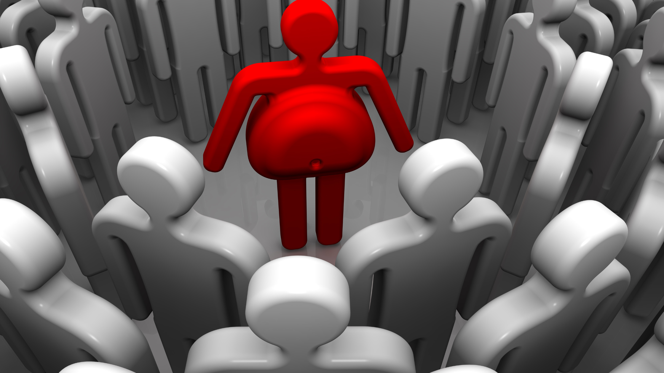 red humanoid figure with a large belly surrounded by grey humanoid figures that are slimmer