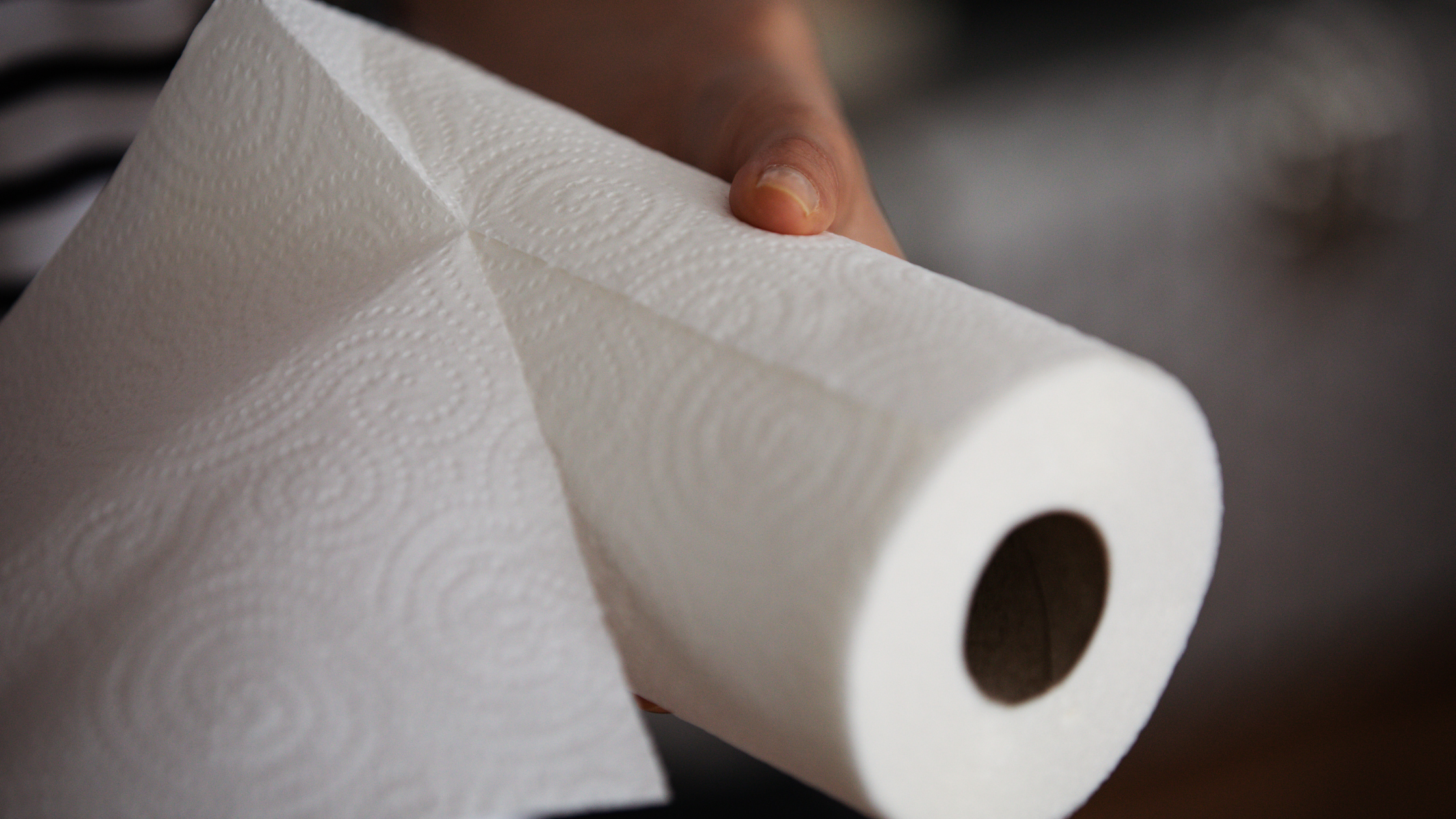 hands pulling one paper towel off of a roll