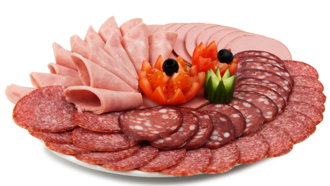 Skillfully arranged platter of sliced meats, bologna, pepperoni, etc.