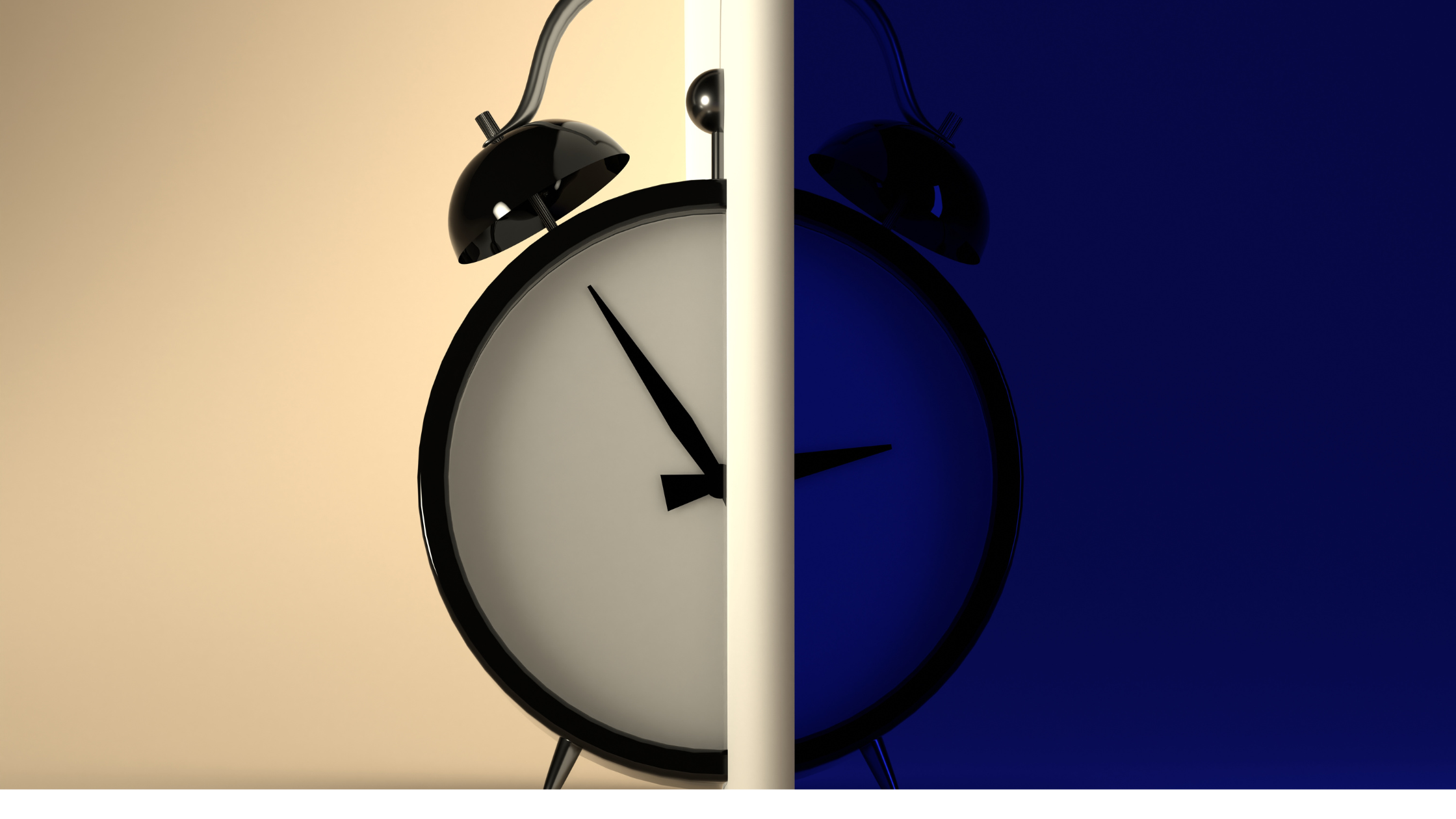 old fashioned alarm clock, on a split background of light and dark