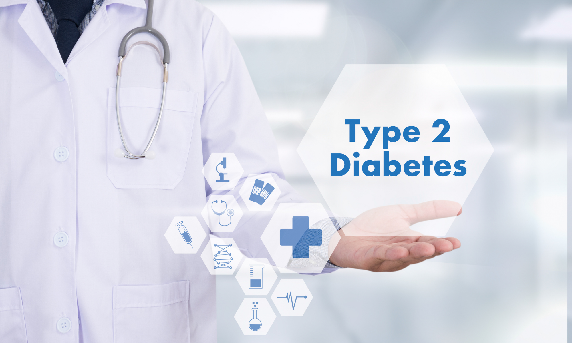 Type 2 Diabetes text over a doctor's outheld hand