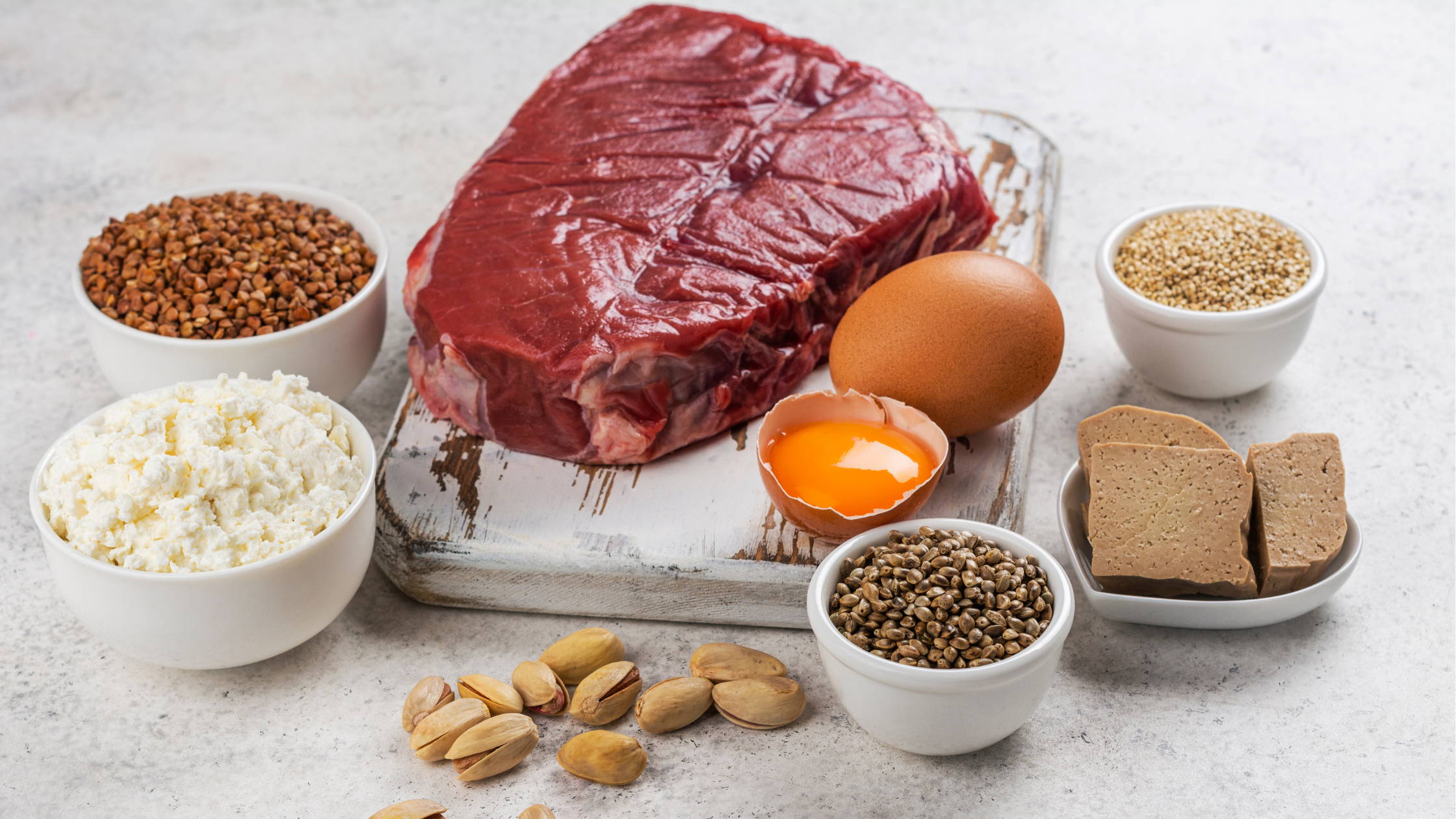 meats, eggs, nuts, and protein-rich grains