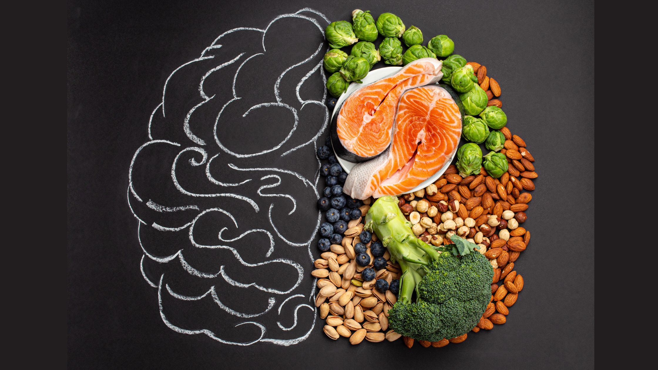 human brain, half animated and half formed by veggies nuts and fish