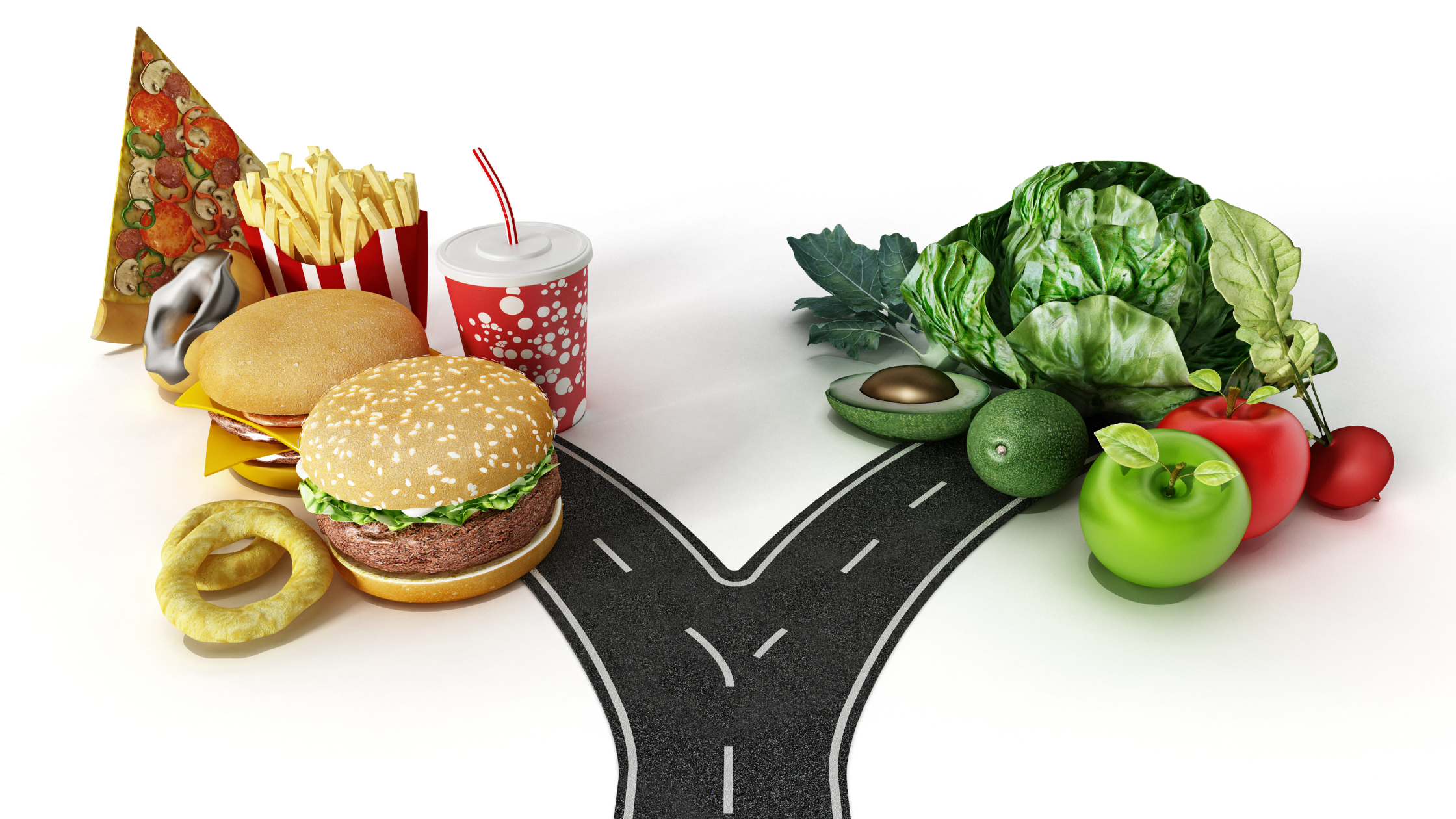 illustration of a road that splits, on one side to fruits and vegetables and the other side to pizza, fries, and a burger