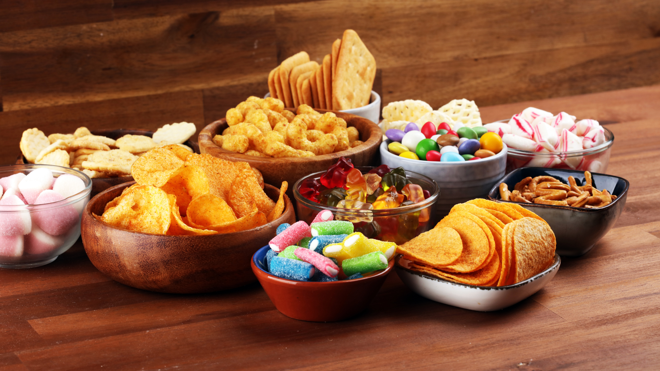 tabletop full of junk food and candy