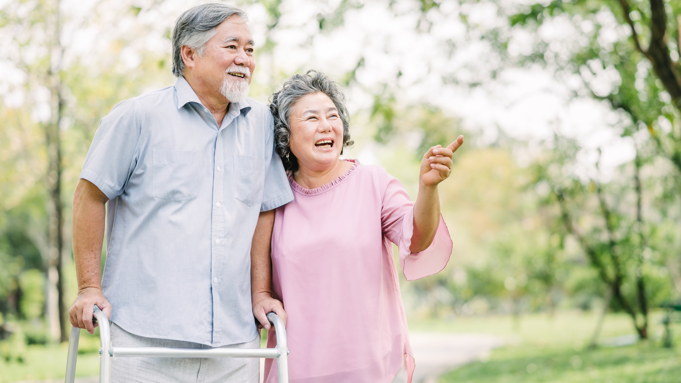 smiling senior couple on an outdoor walk