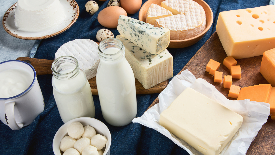 Various dairy products, milk and different types of cheese