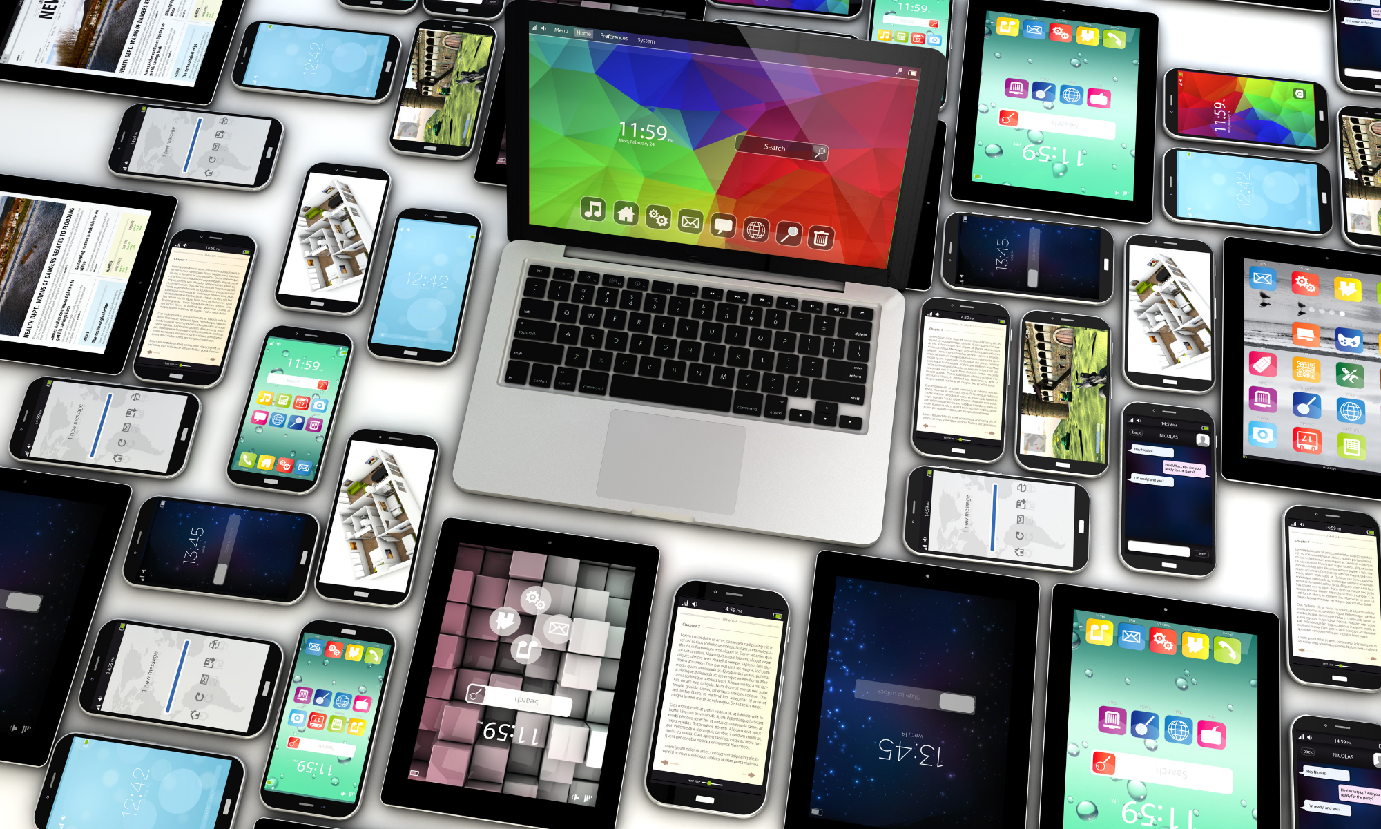 Various tablets and phones around a laptop