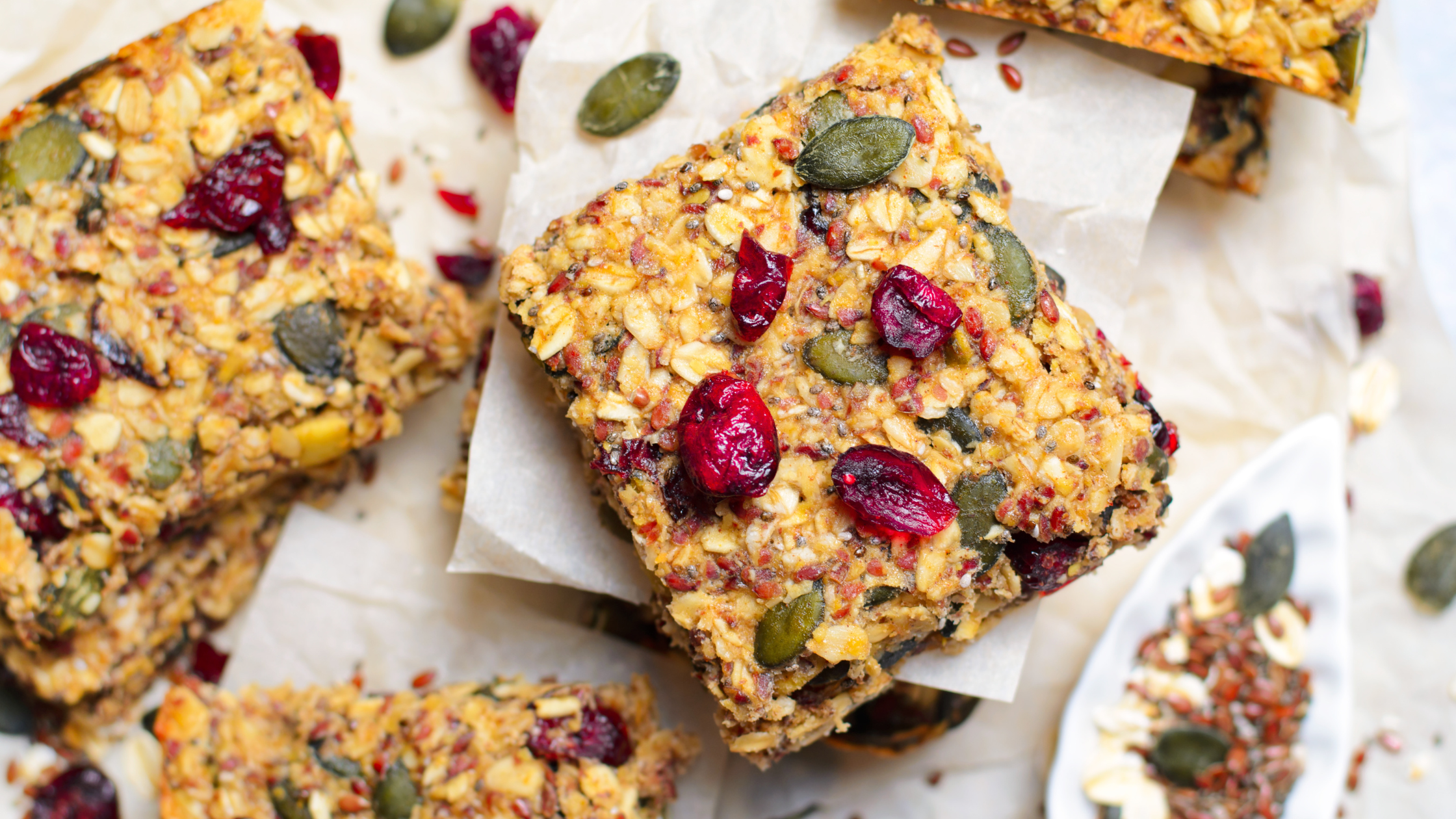 oaty snack bar with dried cranberries and pumpkin seeds