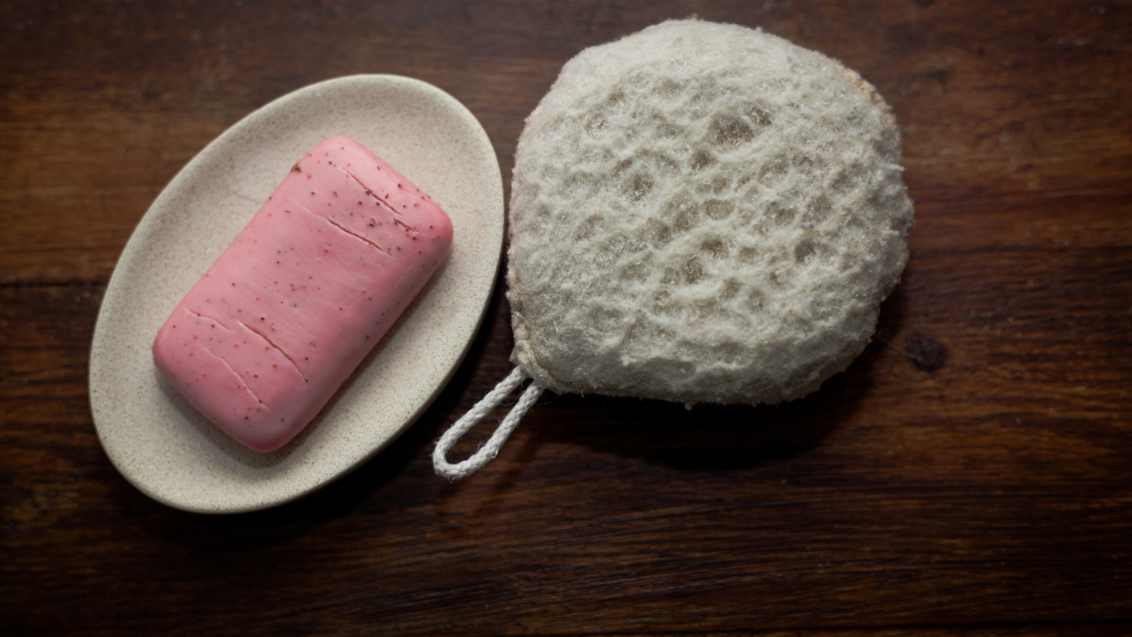 bar of soap sitting in a dish beside a loofah