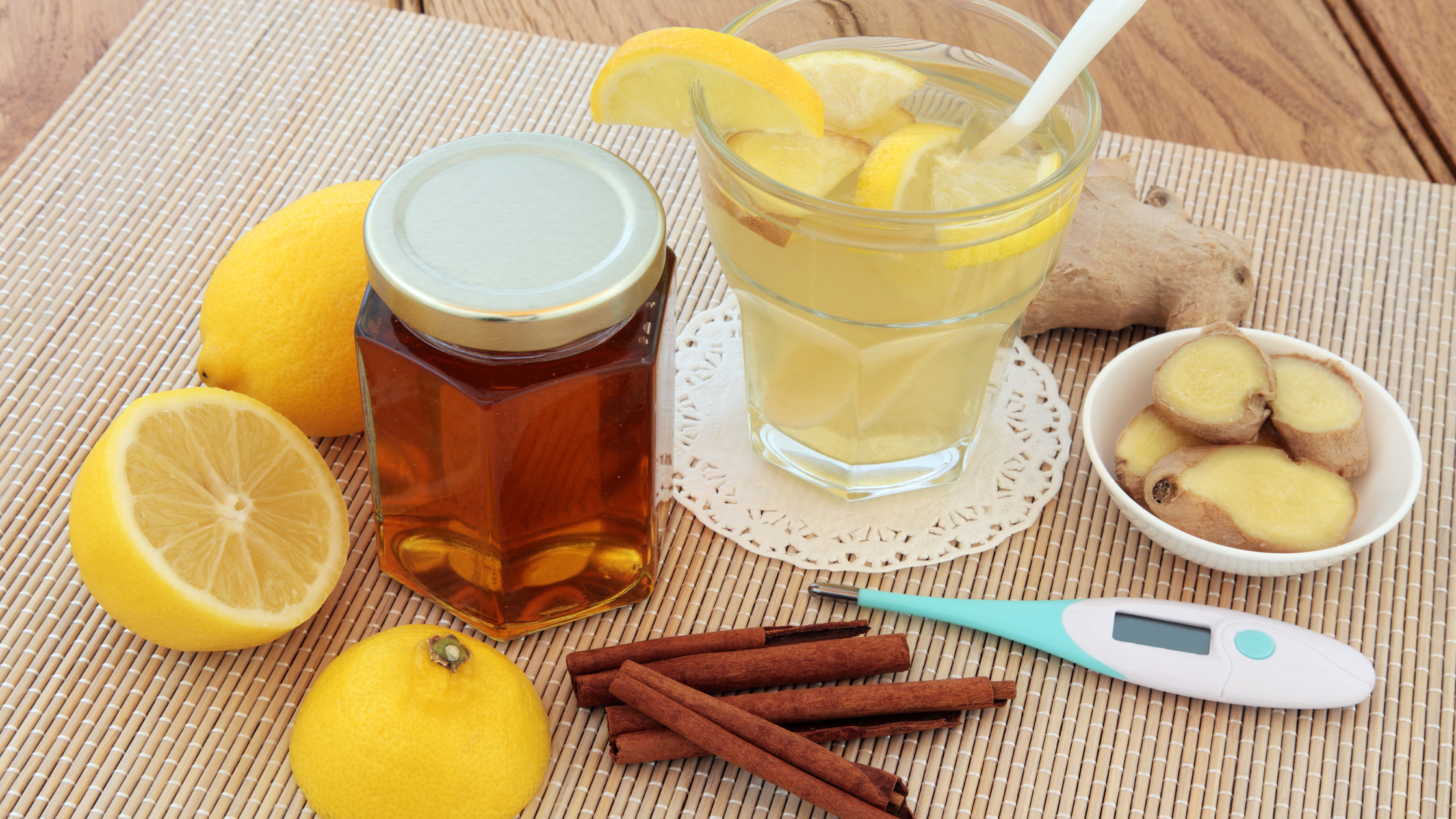 honey, ginger, lemon, cinnamon, and a glass of drink