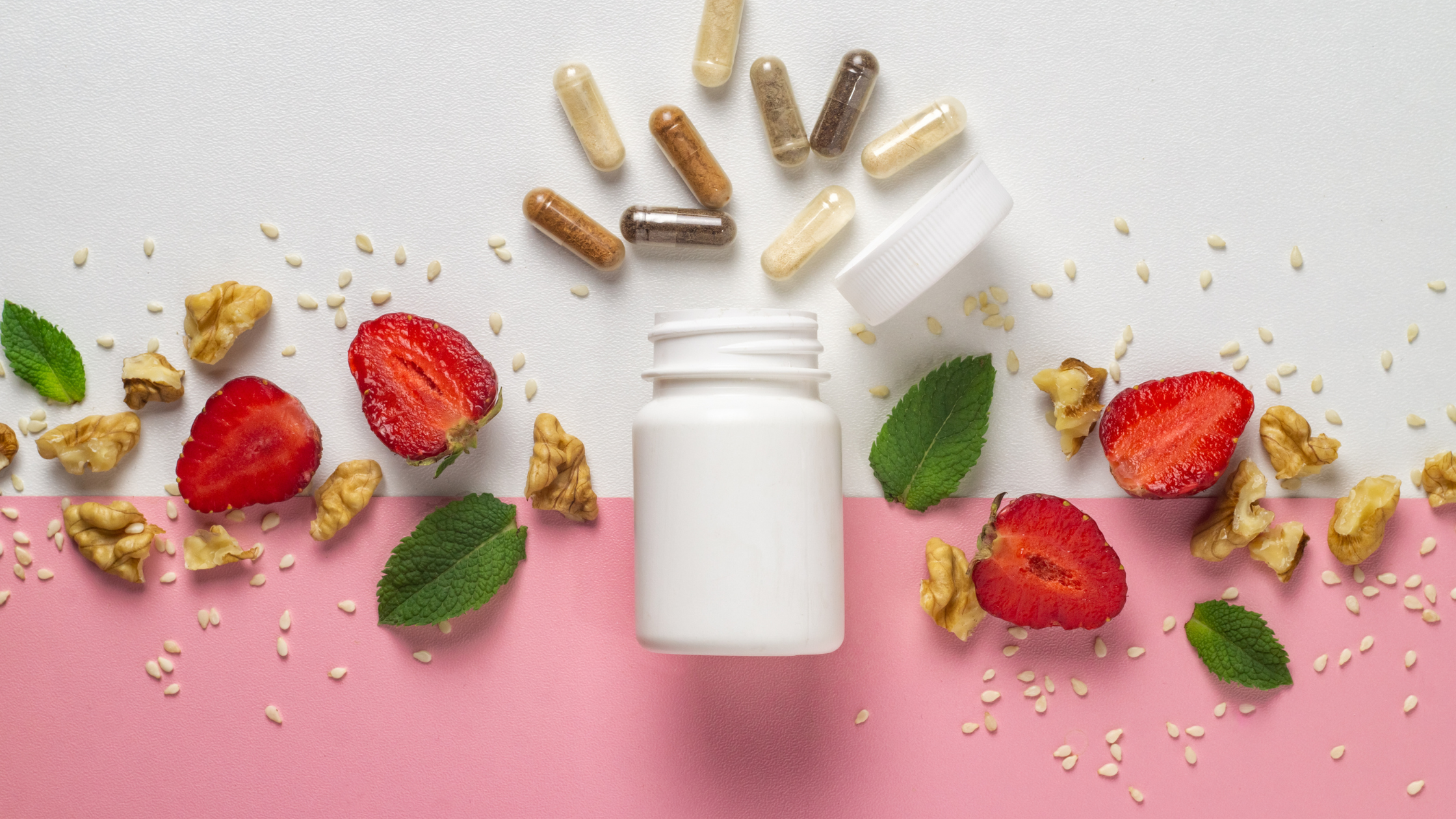 strawberries, walnuts, and diet supplement pills