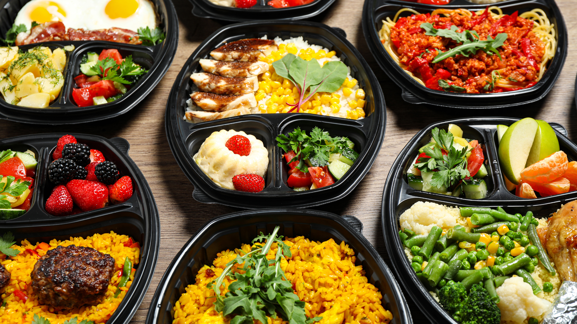 black plastic takeout containers with a variety of prepared meals