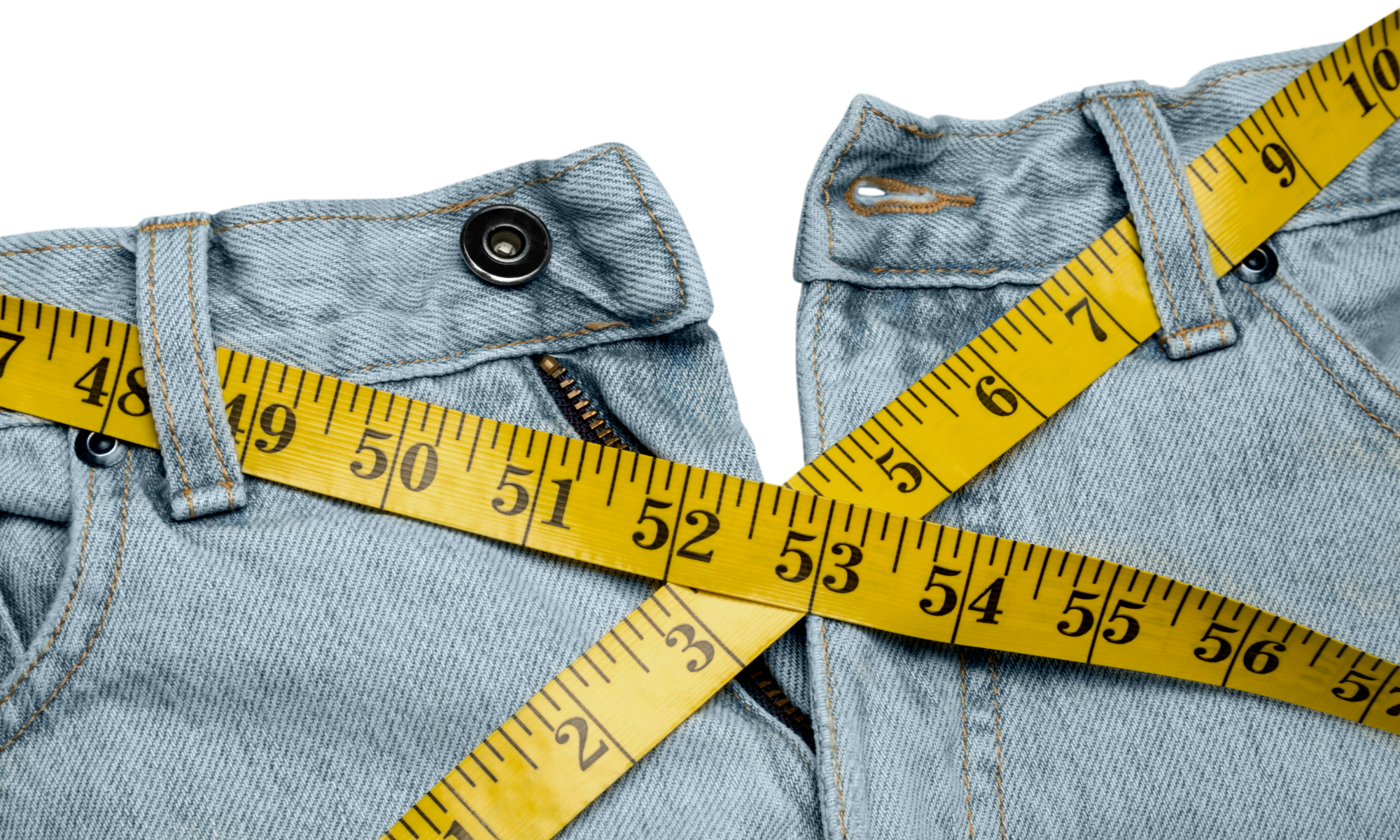 A pair of jeans with a measuring tape threaded through the belt loops