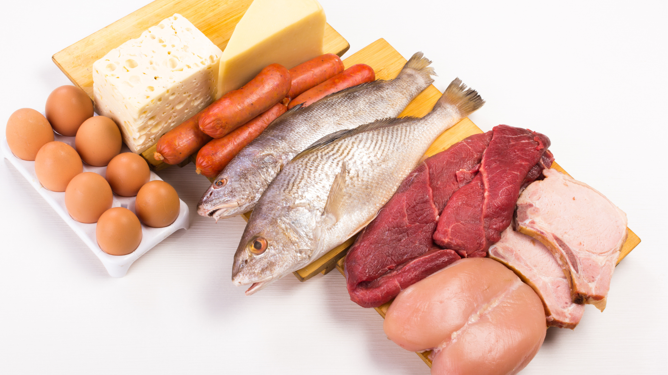 top down view of various raw meats, fish, eggs, and cheese