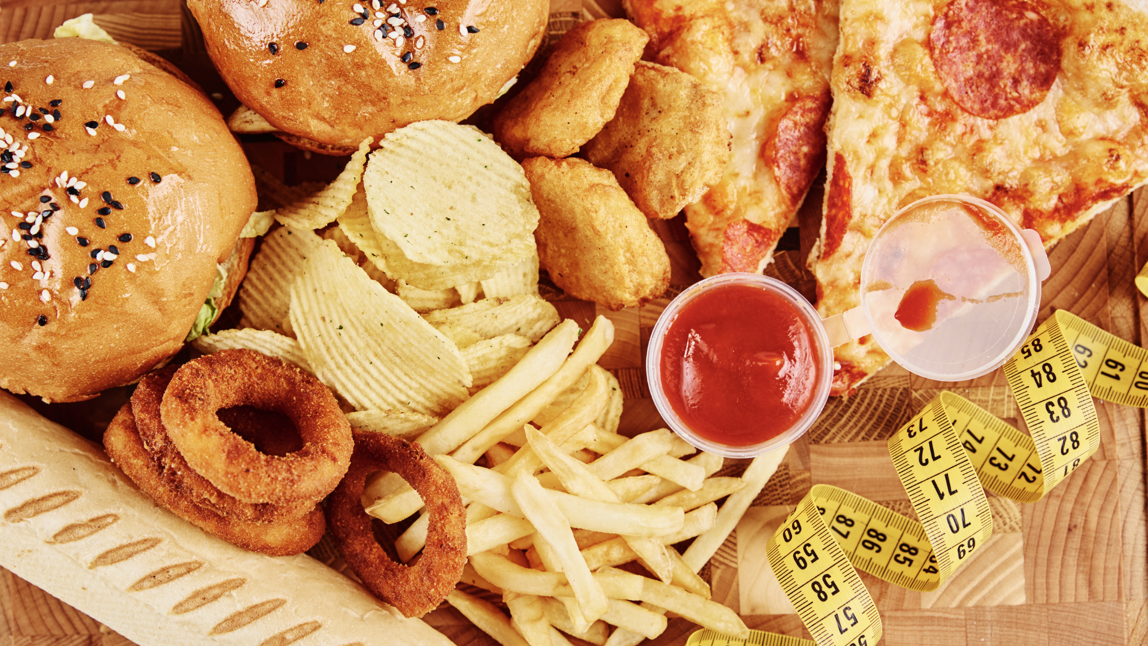 top-down view of baked goods, pizza, and fried food