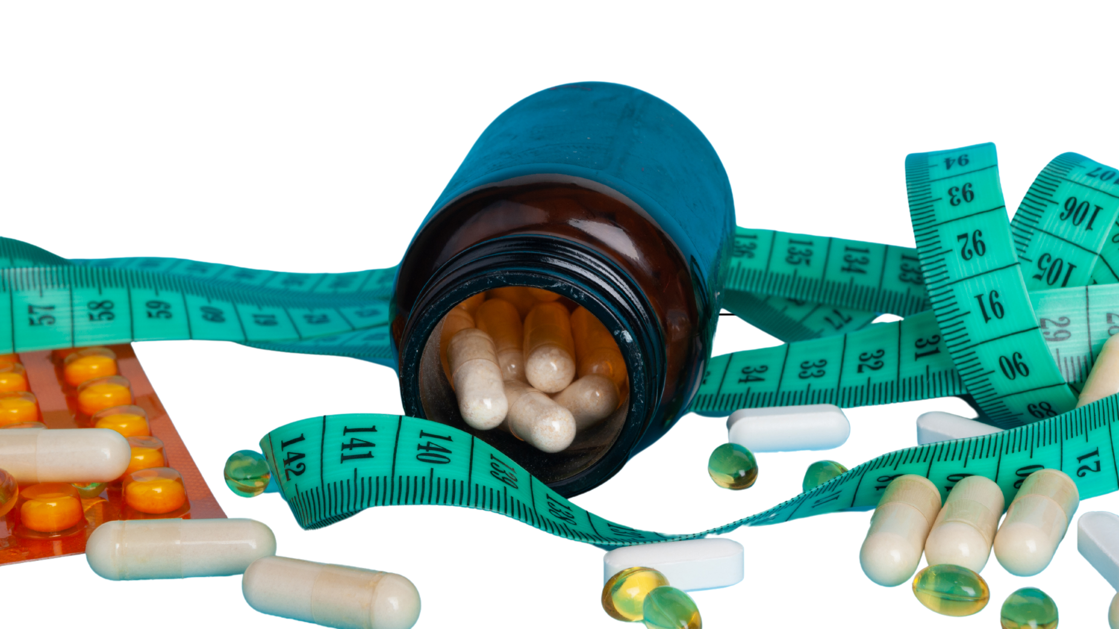 measuring tape surrounds a bottle of pills