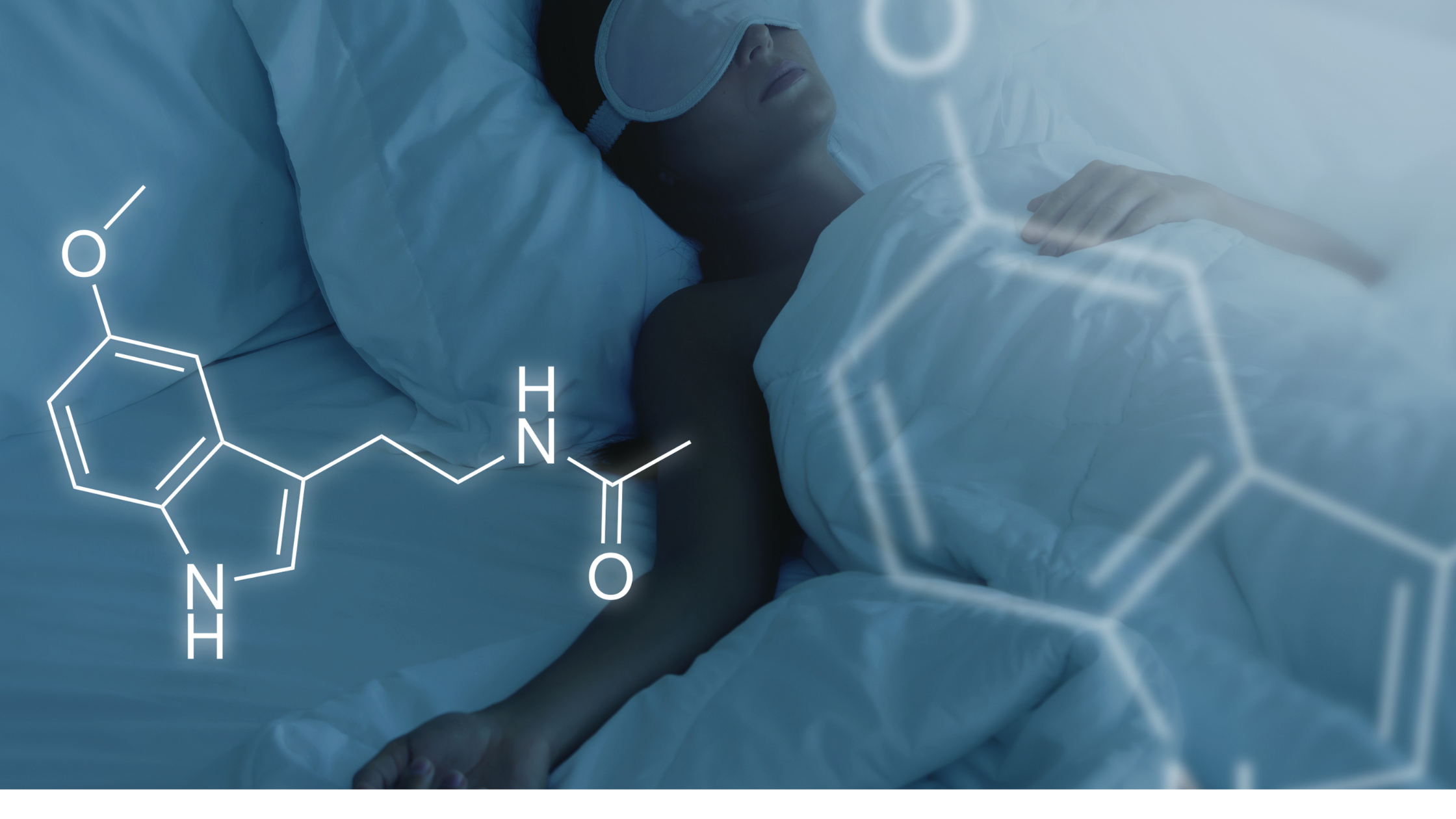 illustration of chemical structures overlayed on a sleeping person in bed